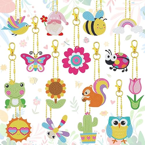 BOYOUAN 15 piezas de llaveros de pintura de diamantes de perforación completa, kit de arte para colgar, colorido ornamento de primavera para niños,