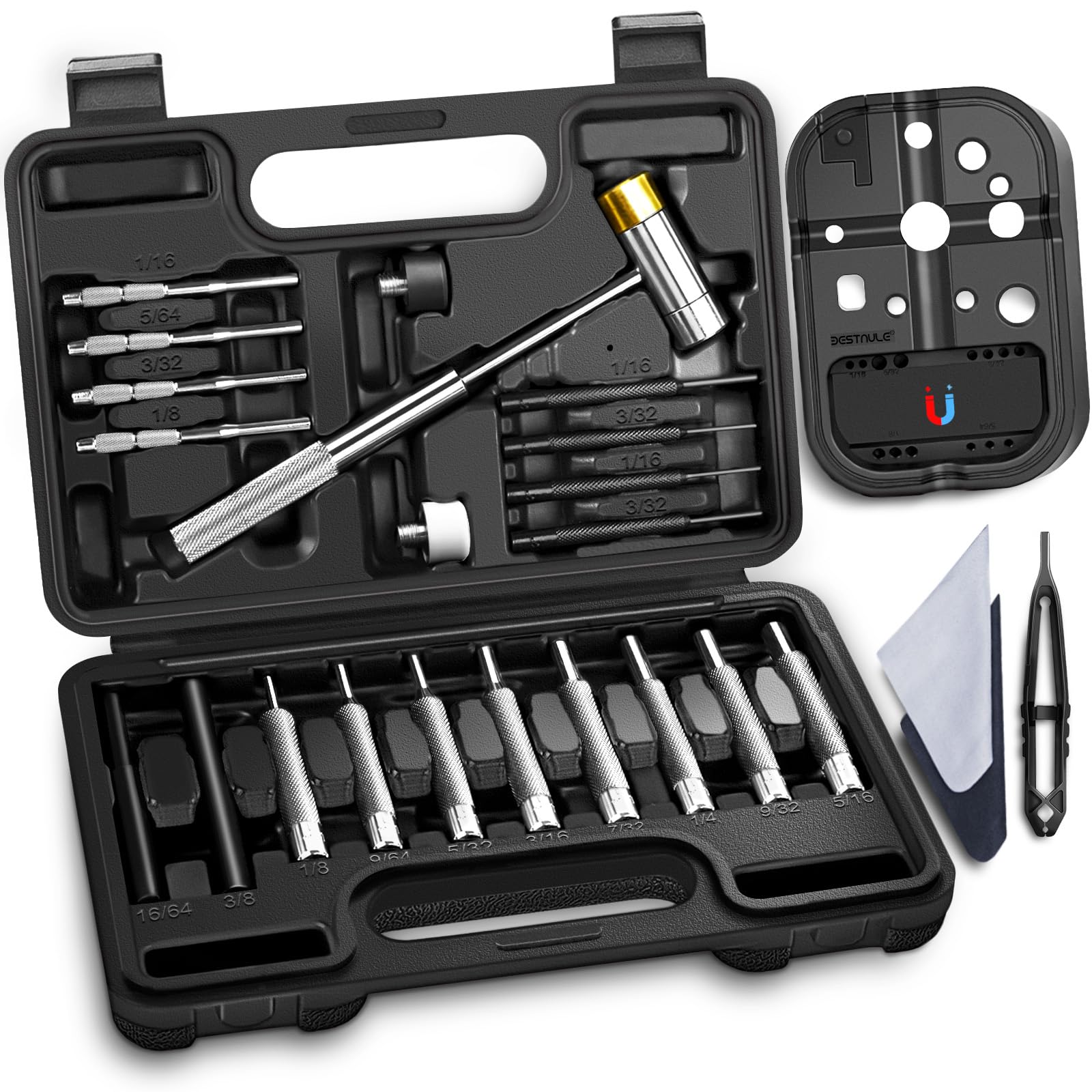 BESTNULE Punch Set, Pin Punches, Punch Tool, Roll Pin Punch Set, Made of High Quality Metal Material Including Punches and Hammer, Mechanical Repair Tool, with Organizer Storage Box (with Bench Block)