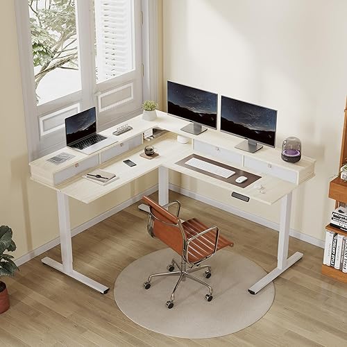 Miniatura 48 de FLEXISPOT Escritorio de esquina profesional con motor dual en forma de L, escritorio eléctrico de pie, escritorio de pie con altura ajustable, mesa