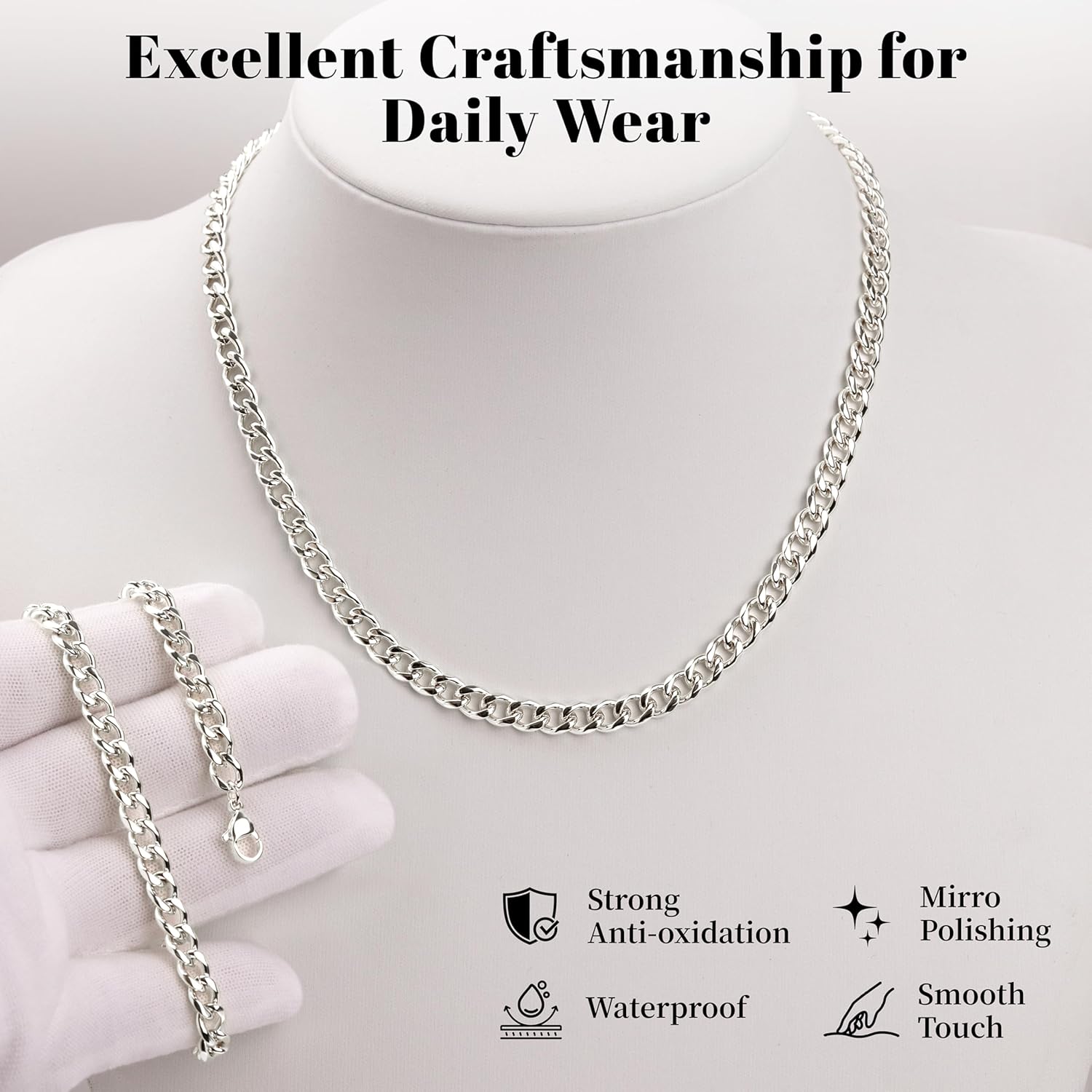 WomenGifts Cuban Link Chain Necklace for Women Men, Waterproof Stainless Steel 14K Gold Silver Plated Non Tarnish Choker, 3.5mm-11mm Widths form Dainty to Chunky, 14 16 18 Inch Lengths, Ideal Gift for Layering Stacking - Image 4