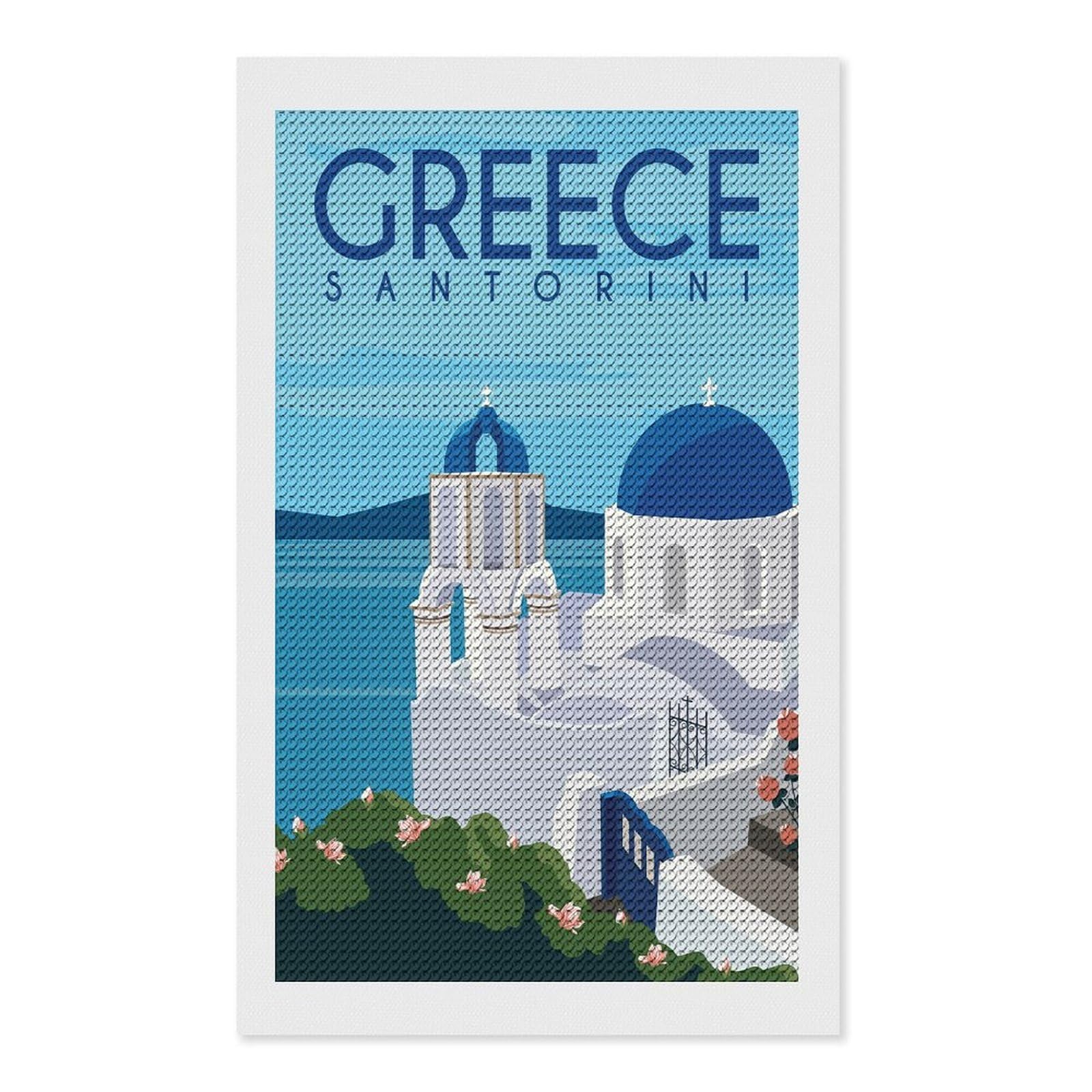 Junmoney Santorini Greece Diamond Painting Canvas Kit 12"x20", Adhesive Canvas, Living Room Decor, Farmhouse Decor, Winter Craft