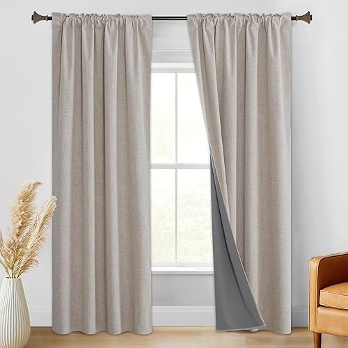 Miniatura 7 de StangH - Cortinas 100% opacas para dormitorio, cortinas de lino natural beige de 84 pulgadas de largo, cortinas aisladas térmicamente sólidas estilo