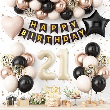 21st Birthday Decorations for Her,Black Gold 21st Birthday Balloons Champagne Gold Happy Birthday Banner with Cake Toppers Number 21 Balloons for Girls Party Decorations