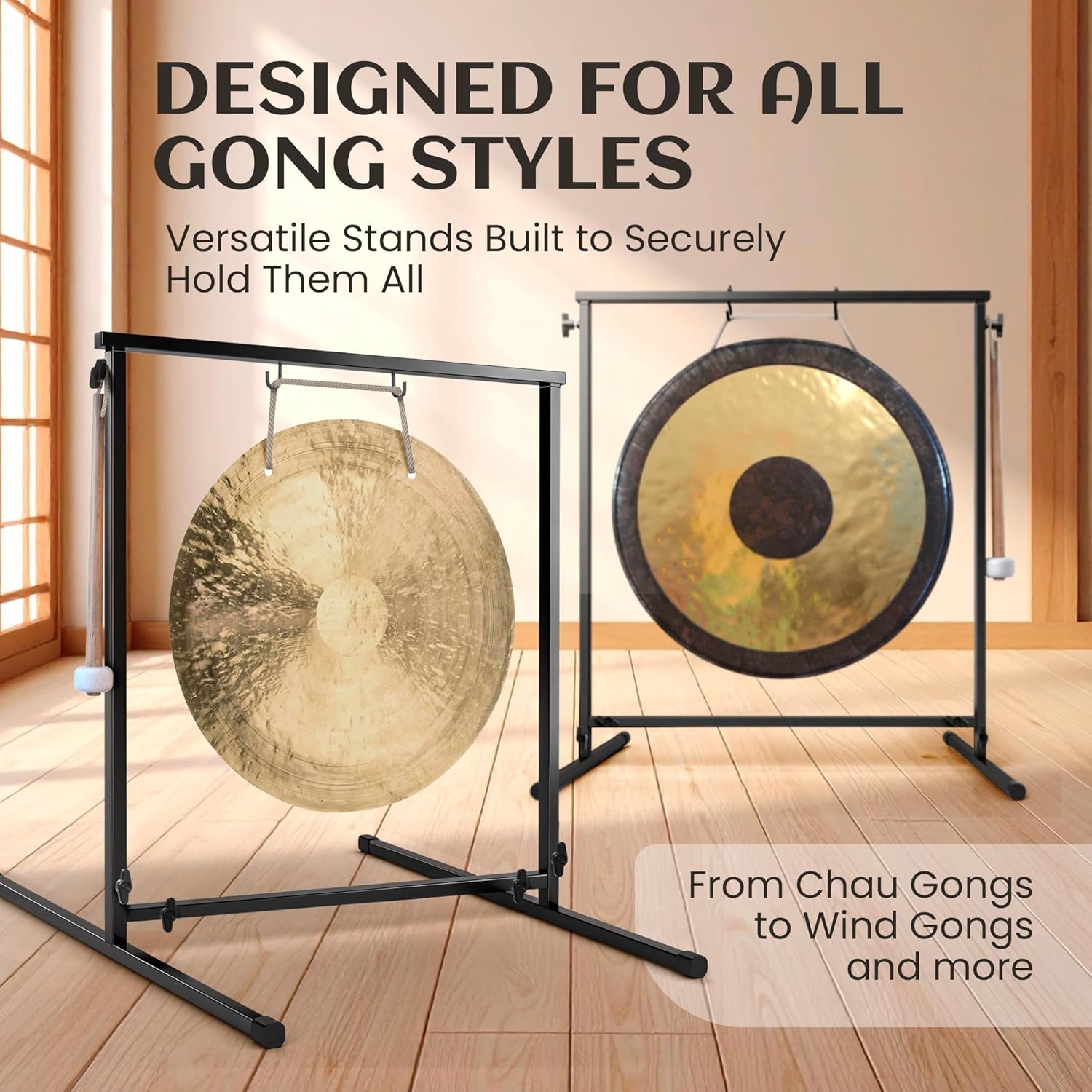 The Gong Shop Metal Gong Stand – Holds Gongs up to 26" – Compact Frame with Adjustable Hooks – Black Powder-Coated – Lightweight for Studio or Home (Gong, Mallet, Rope Not Included)