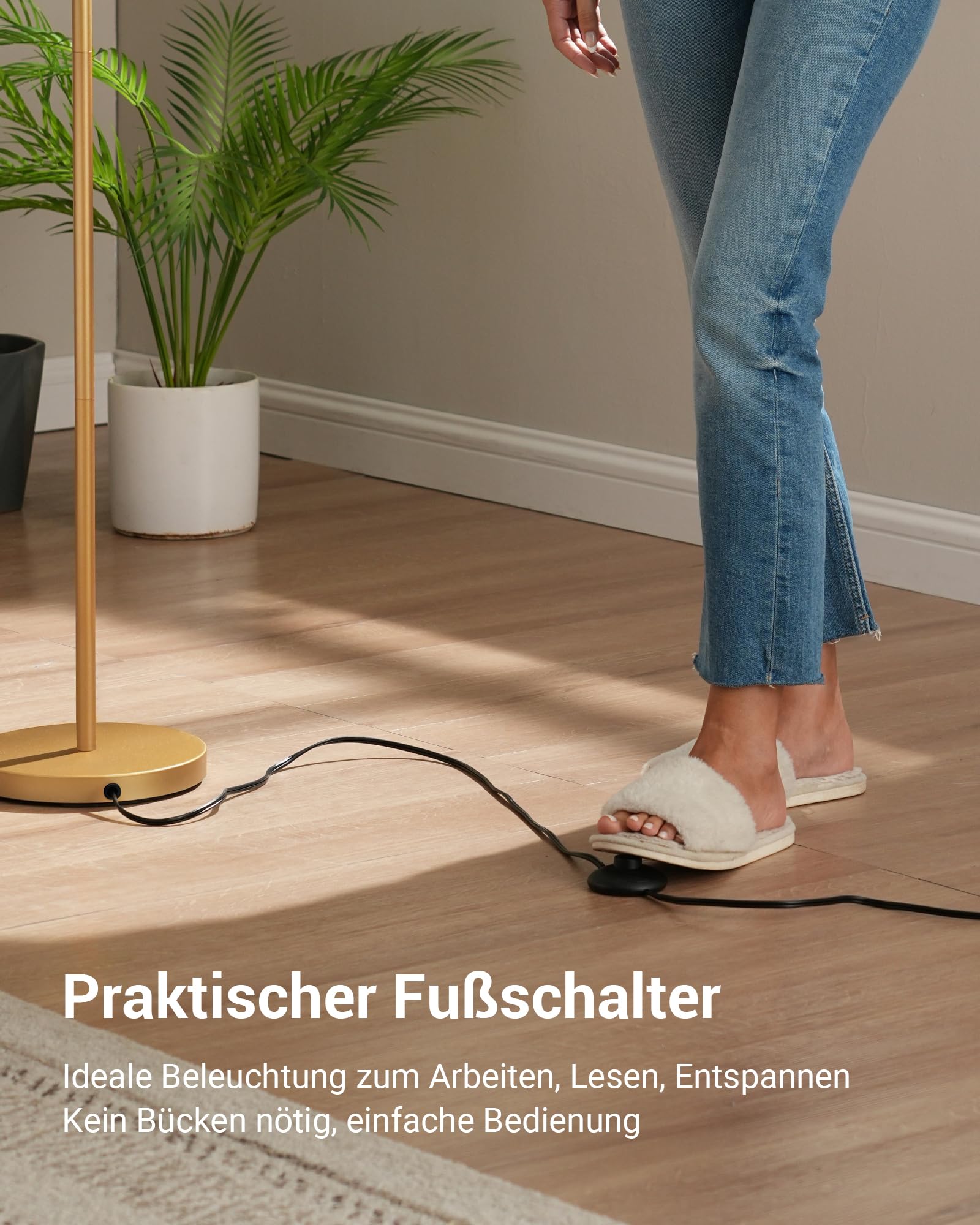 EDISHINE Stehlampe Wohnzimmer, 161cm Bogenlampe mit Verstellem Beigen Leinen-Lampenschirm & Fußschalter, mit E27 LED-Glühbirne, Leselampe Schlafzimmer, Stehleuchte Modern für Kinderzimmer, Gold