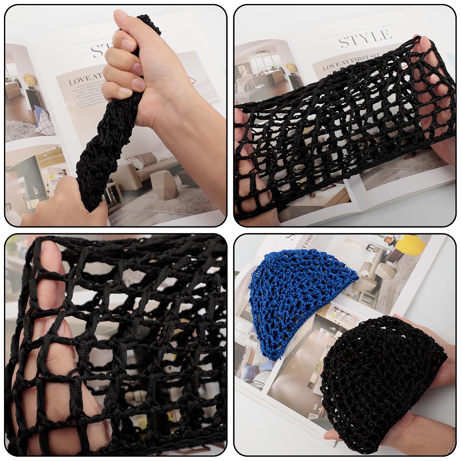 4 Pack Crochet Hair Net Sleep Cap, Breathable Mesh Sleep Bonnet Hair Wrap for Women, Elastic Night Hair Cover for Curly Natural Hair, Braids & Locs, 2 Black + 2 Sapphire Blue