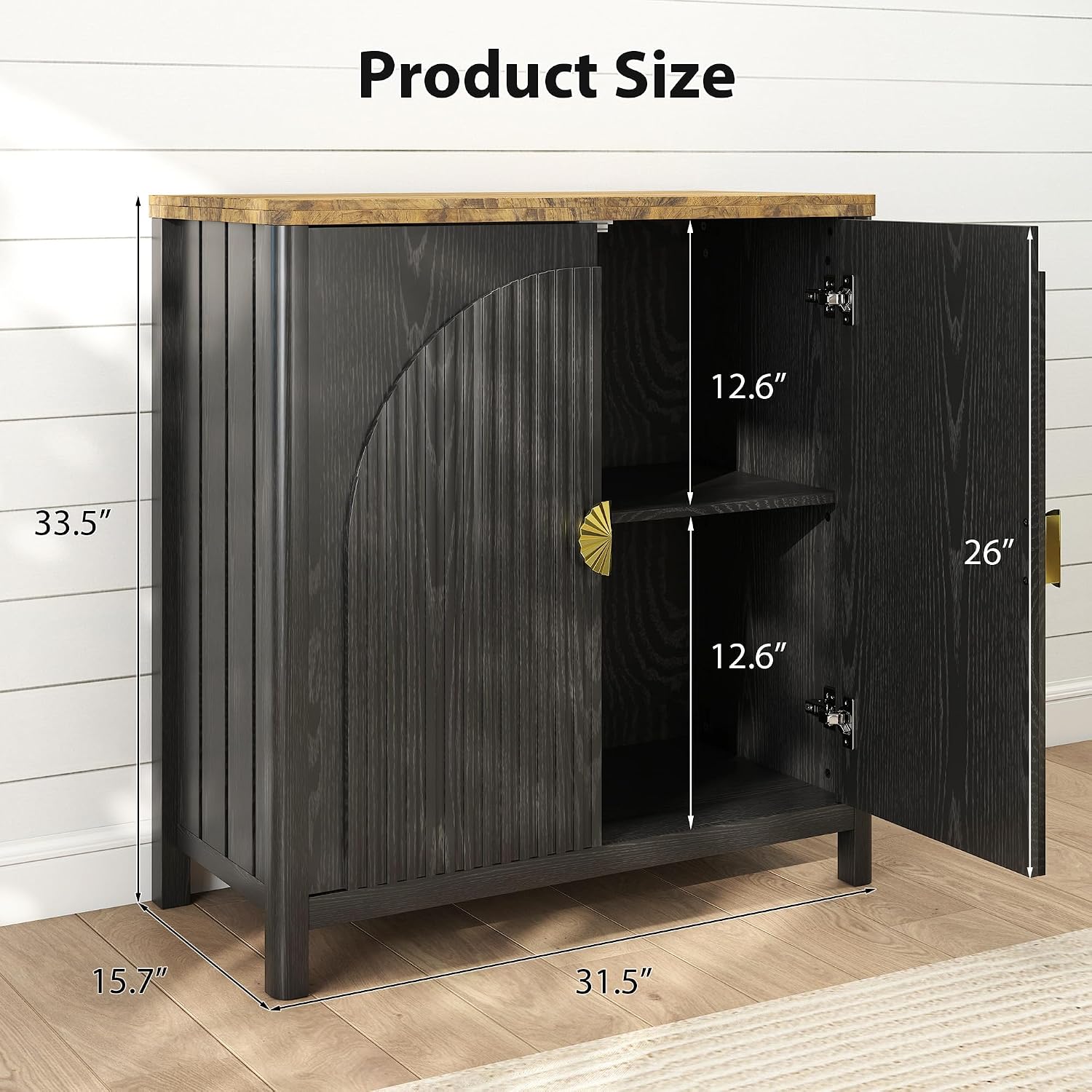 Buffet Cabinet - Kitchen Storage with Adjustable Shelves Wood and 2 Fluted Doors 31.5” Farmhouse Style Coffee Bar Wine Bar for Kitchen, Entryway, Black
