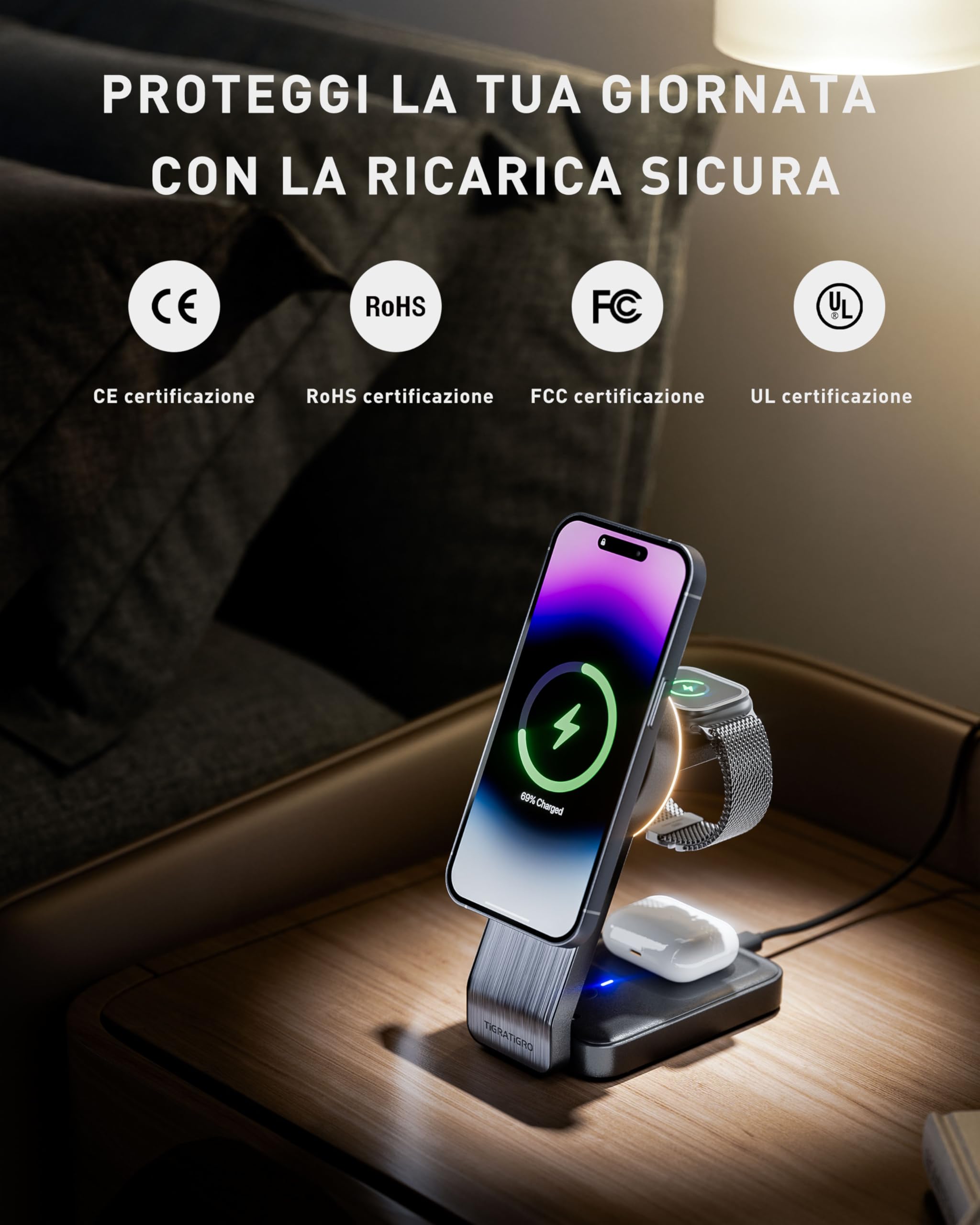 Tigratigro Caricatore Wireless per iPhone con Mag-Safe, 3 in 1 Ricarica Rapida Stazione Magnetica Pieghevole portatile Charger per iPhone 12/13/14/15/16, AirPods 2/3/4/Pro, Watch - Nero