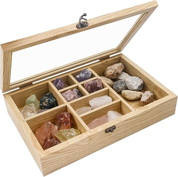 GMFrames Rock Display Case 9 Grids Gemstone Case,Crystal Holder Rock Collection Box,Healing Crystal Storage Box,Crystal Organizer Shelf,Crystal Display Case with Glass Lid Natural