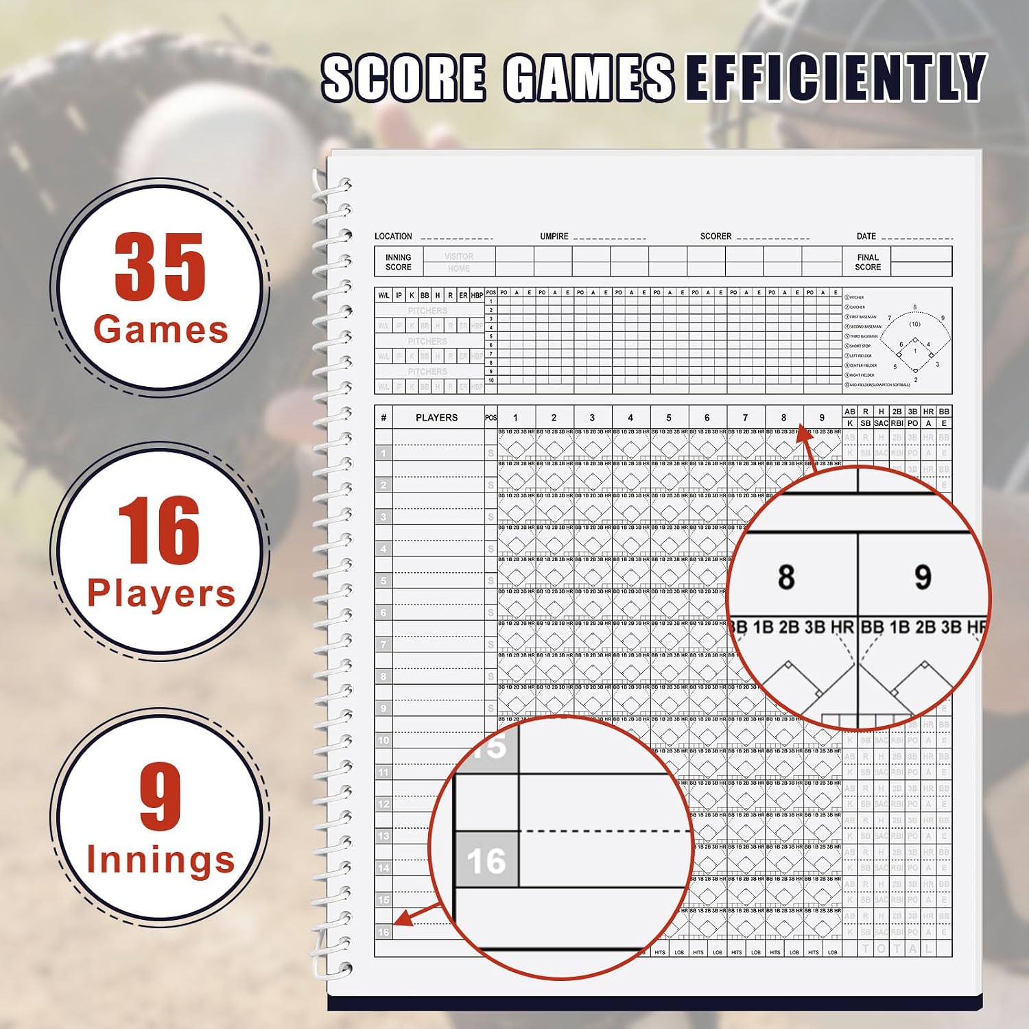 Baseball Softball Scorebook, 35 Games, 8.5" x 11" | 9 Innings, Large Print, Score Keeping Book for Stats, with Stickers, For Scorekeeper, Coach, Family