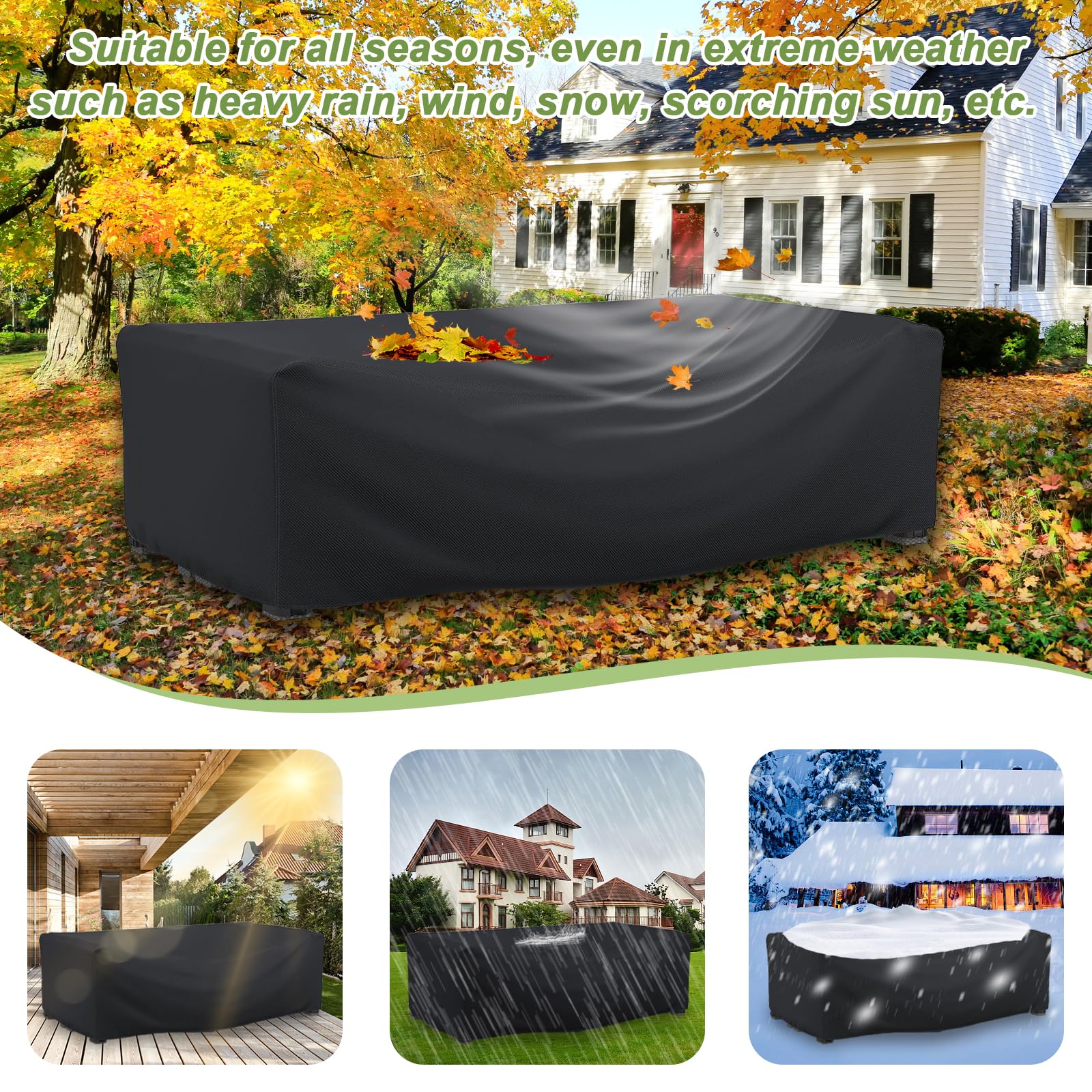 Copertura per mobili da giardino da esterno, impermeabile, resistente, tessuto Oxford 420D, per tavolo rettangolare da patio, sedie in rattan, antivento e protettivo, nero (250 x 250 x 90 cm