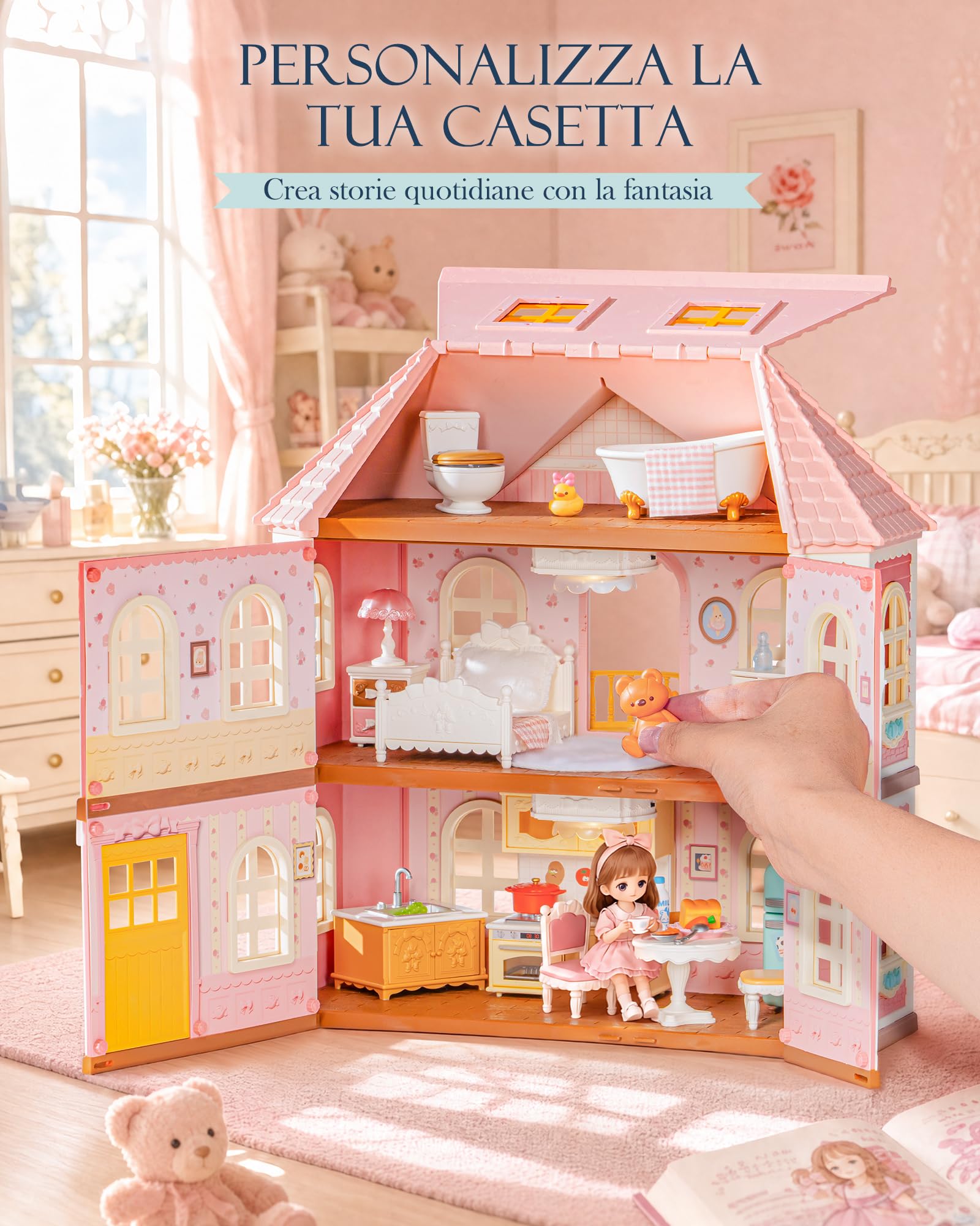 Rolife Kit fai da te in miniatura per casa delle bambole Haley Island Fairy Rose Cottage, villa in stile vittoriano rosa con luci LED, set di assemblaggio fai da te da 178 pezzi, giocattolo e regalo