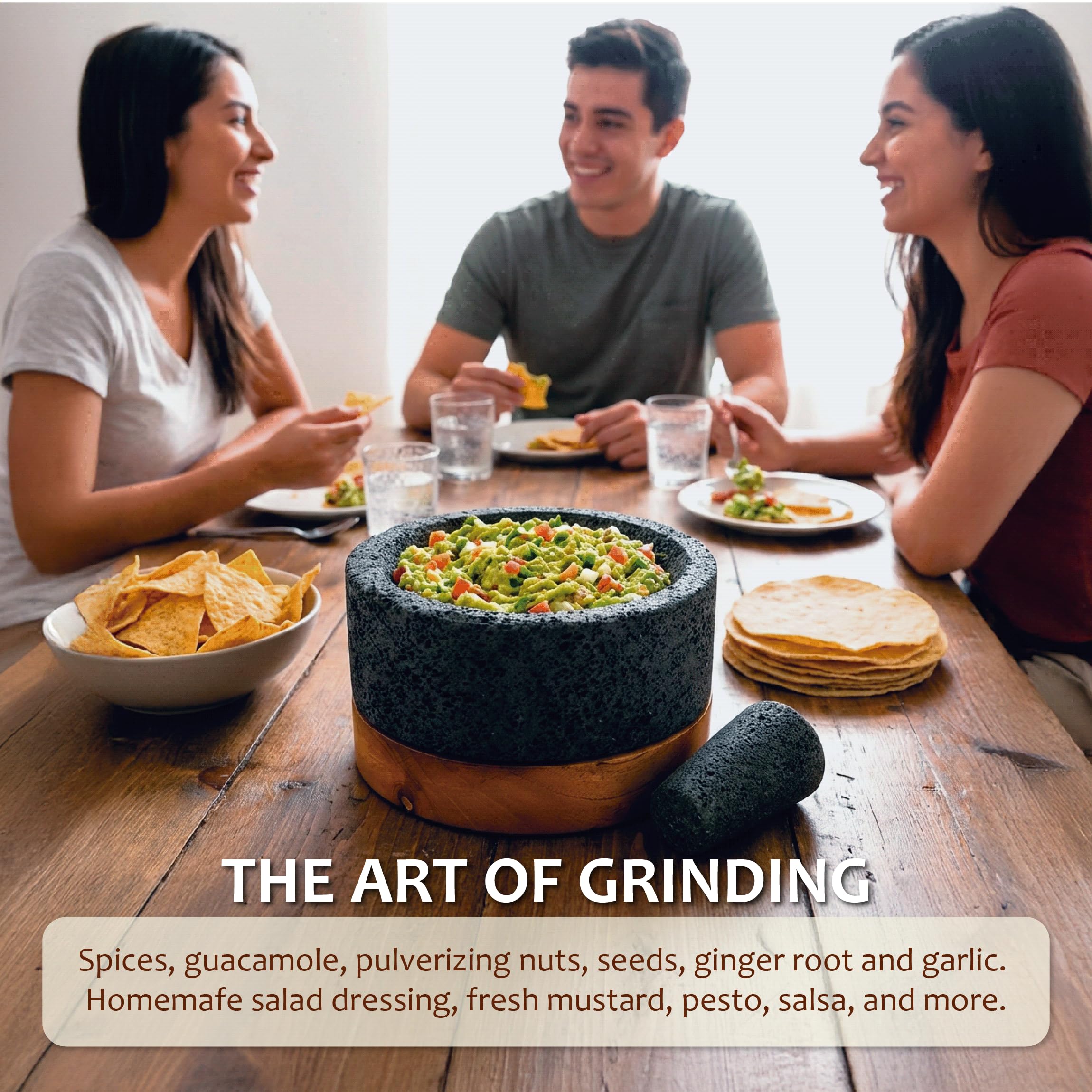YO PIDO Molcajete de 8 pulgadas con soporte de madera; mortero de especias; fabricado con piedra volcánica; Molcajete hecho a mano en México; fabricante de guacamole y salsa; incluye piedra de mortero