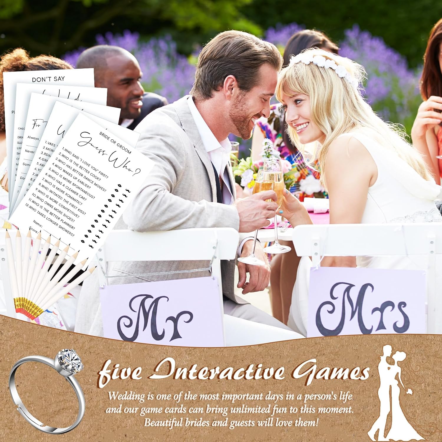 Estune 331 Pcs Bridal Shower Games Supplies, 5 Sets 250 Pcs Wedding Cards 1 Put a Ring on It Bridal Shower Games with 60 Rings and 20 Pencils (Minimalism)