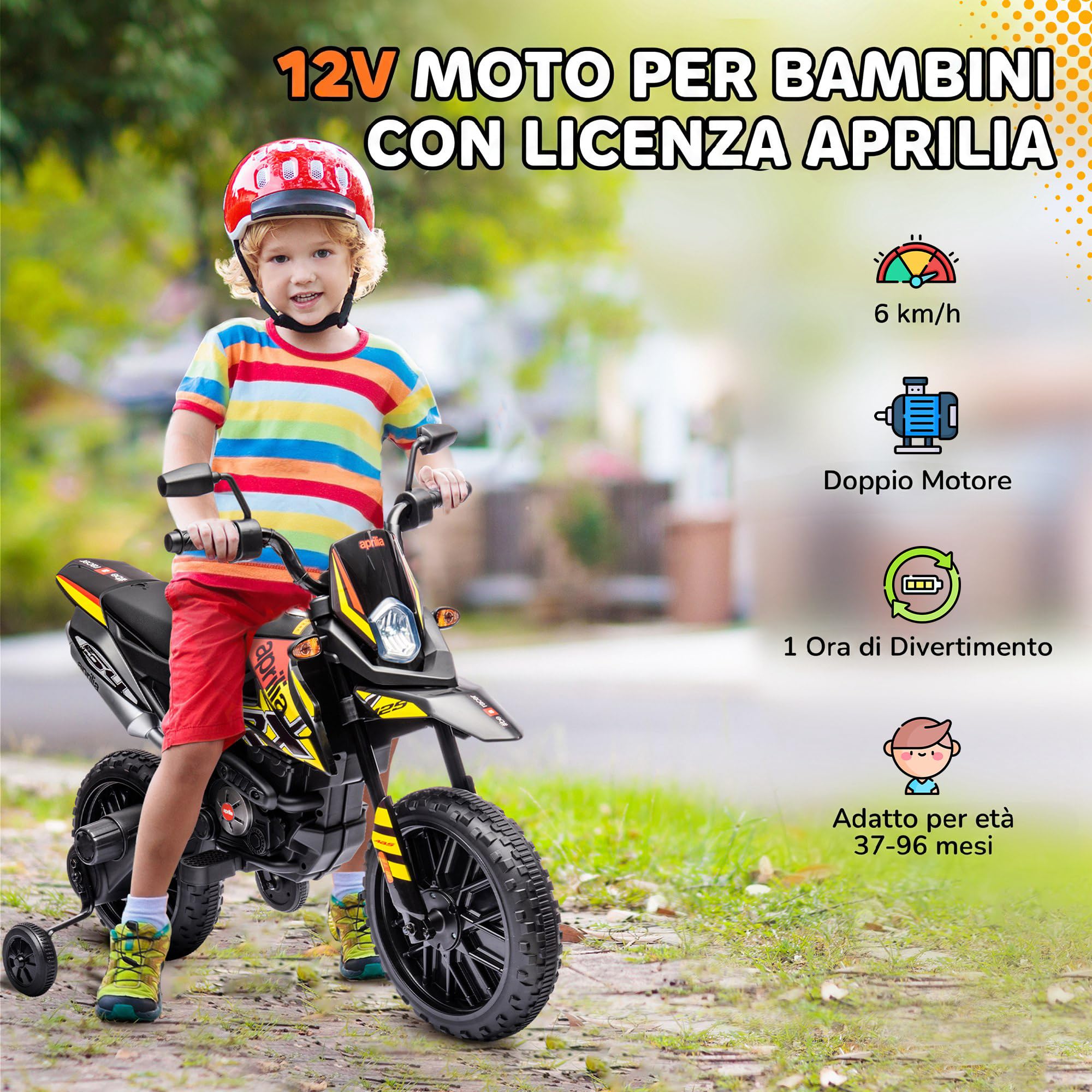 AIYAPLAY 12V APRILIA Moto Elettrica per Bambini 37-96 Mesi, Giallo | Doppi Motori, Motorino Elettrico, Rotelle di Supporto Rimovibili, Fari, Porta USB e Musiche, 6 km/h, Capacità 30kg