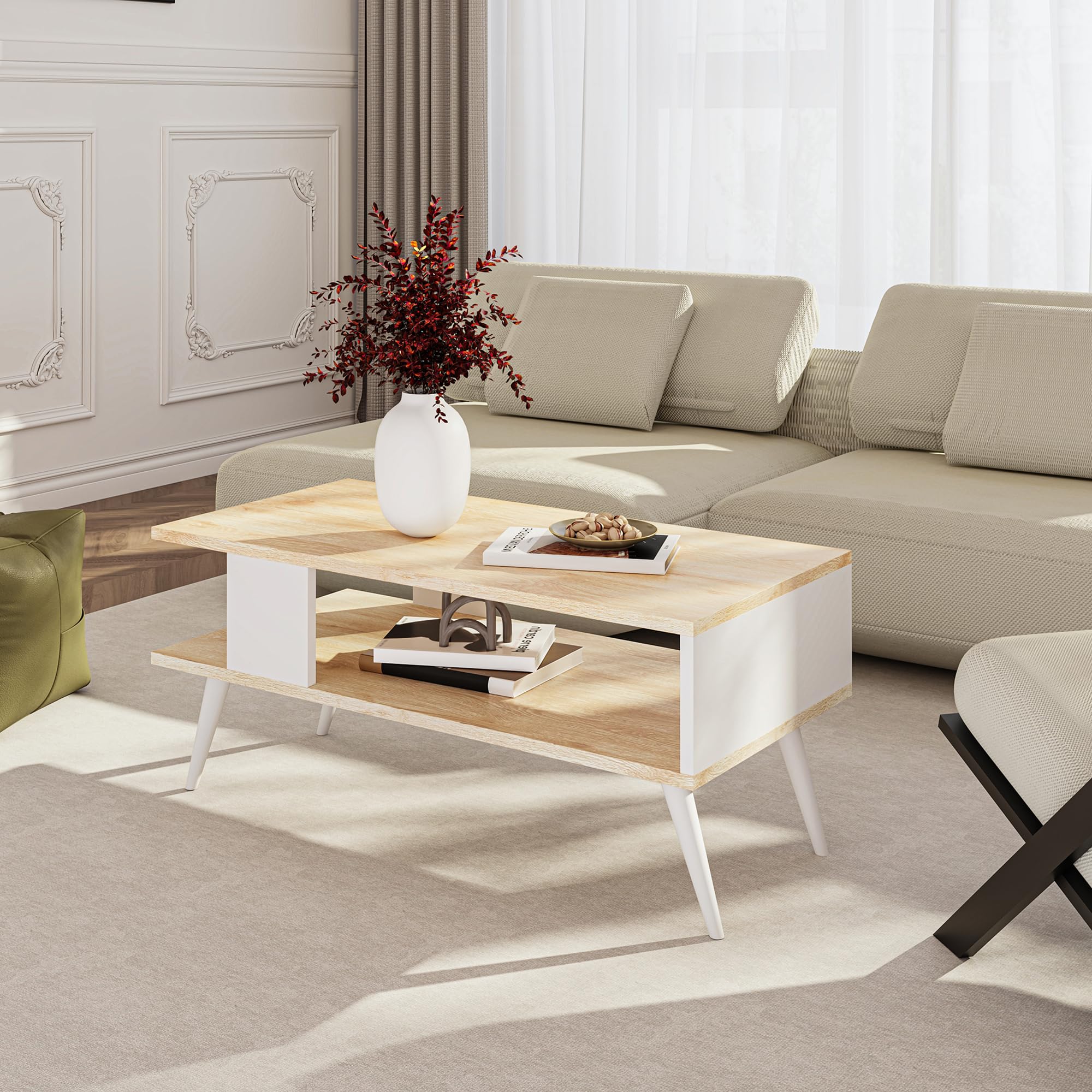 [en.casa] Couchtisch Lycksele Beistelltisch Wohnzimmertisch mit Stauraum rechteckig Eiche-Optik Weiß mit unterer Ablage Sofatisch