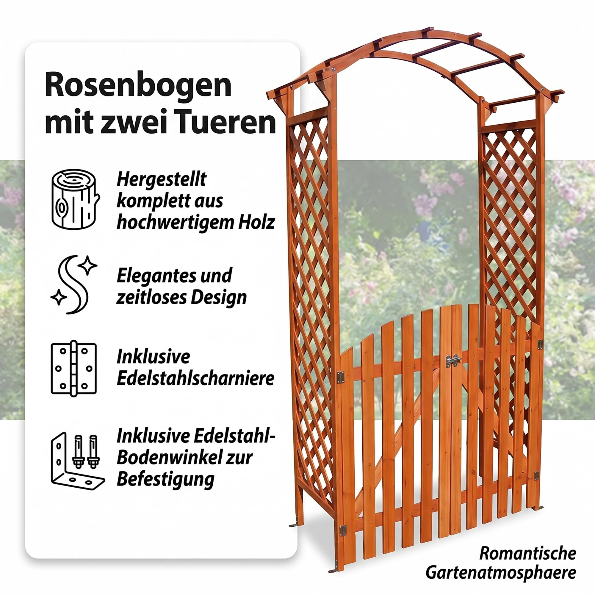 Mucola Rosenbogen aus Holz mit Doppeltüren – Gartenbogen dekorativ, Rankhilfe für Rosen und Kletterpflanzen, 120x60x206 cm, Outdoor Gartenelement