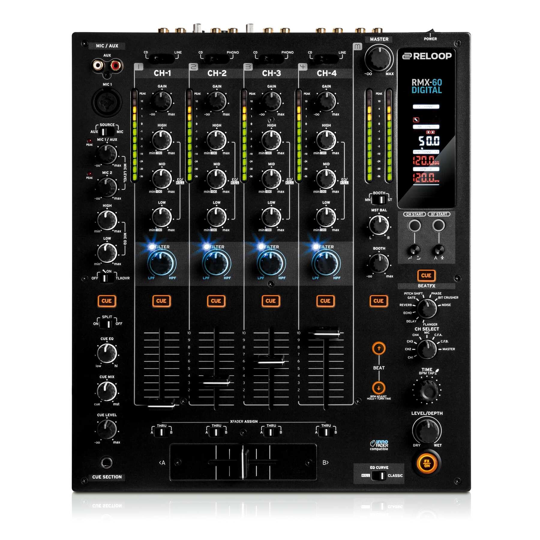 Reloop RMX-60 Digital - Klassischer 4+1 Kanal Performance Club DJ Mixer, 9 High-Quality Performance-Effekte in Studioqualität, 11 Inputs, 6 Outputs, Bipolarer Filter