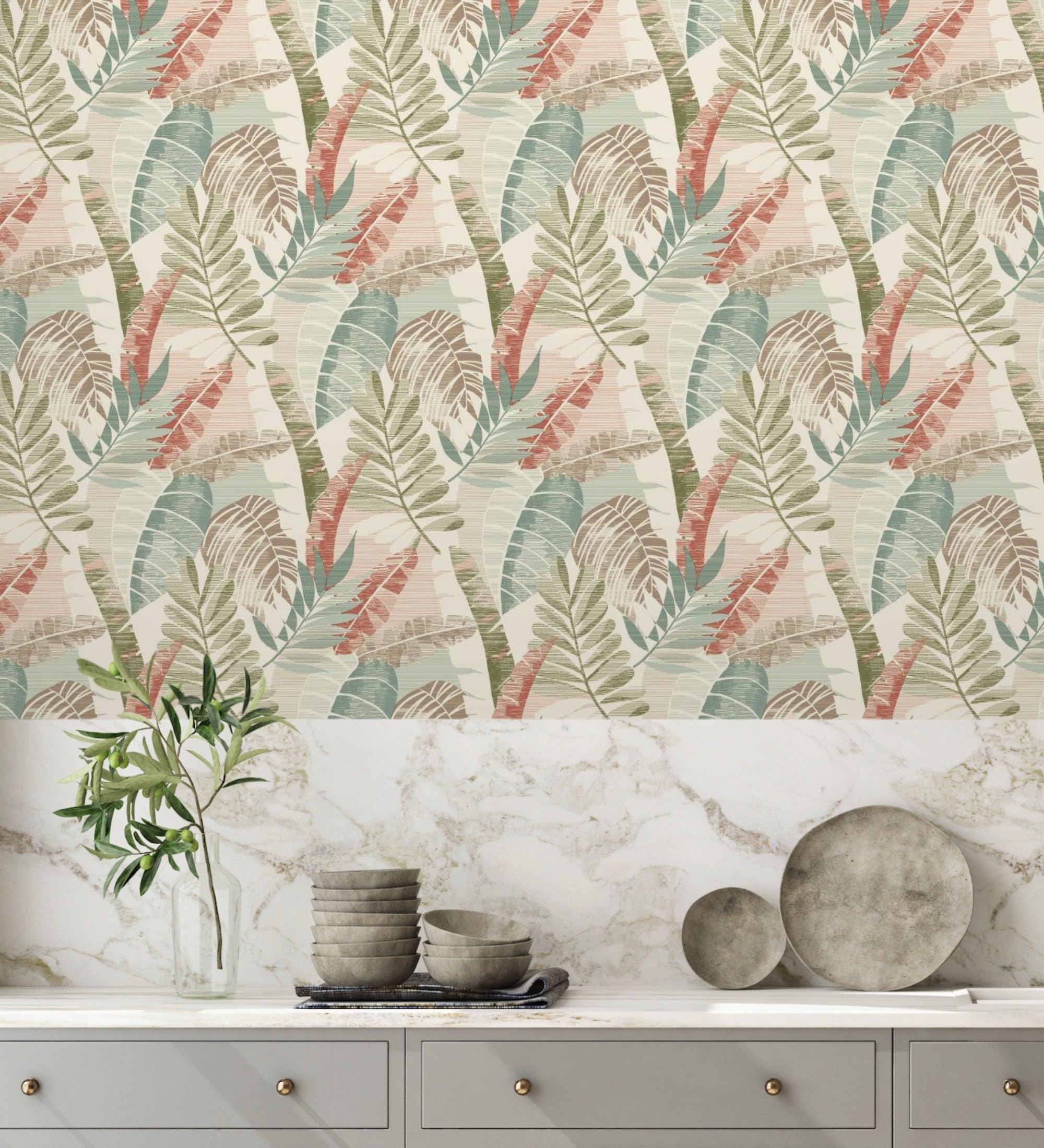 GAULAN 682819 - Papel pintado de hojas tropicales tonos verdes terracota claro y marfil para pared salón dormitorio pasillo comedor - Rollo de 10 m x 0,53 m