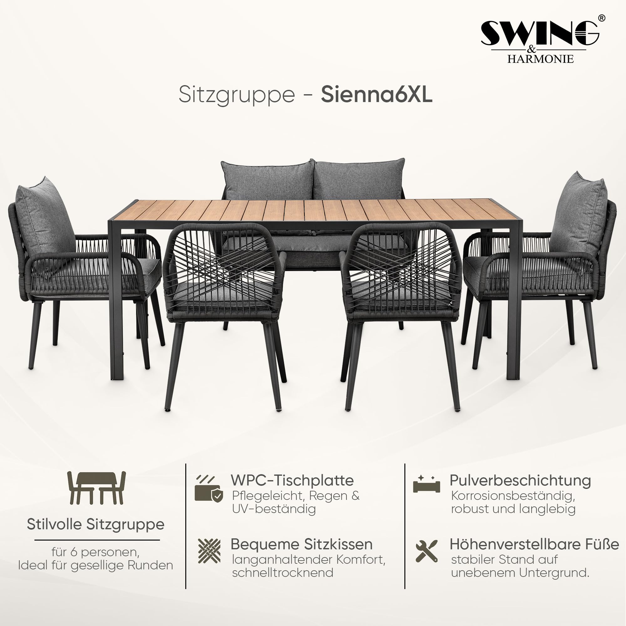 Swing&Harmonie® Gartenmöbel Lounge-Set „Sienna“ – Sitzgruppe mit Tisch, Sofa, Sesseln & Stühlen – wetterfest – Seilgeflecht – WPC-Tischplatte – Outdoor Essgruppe (anthrazit/Holz, 6 Personen XL)