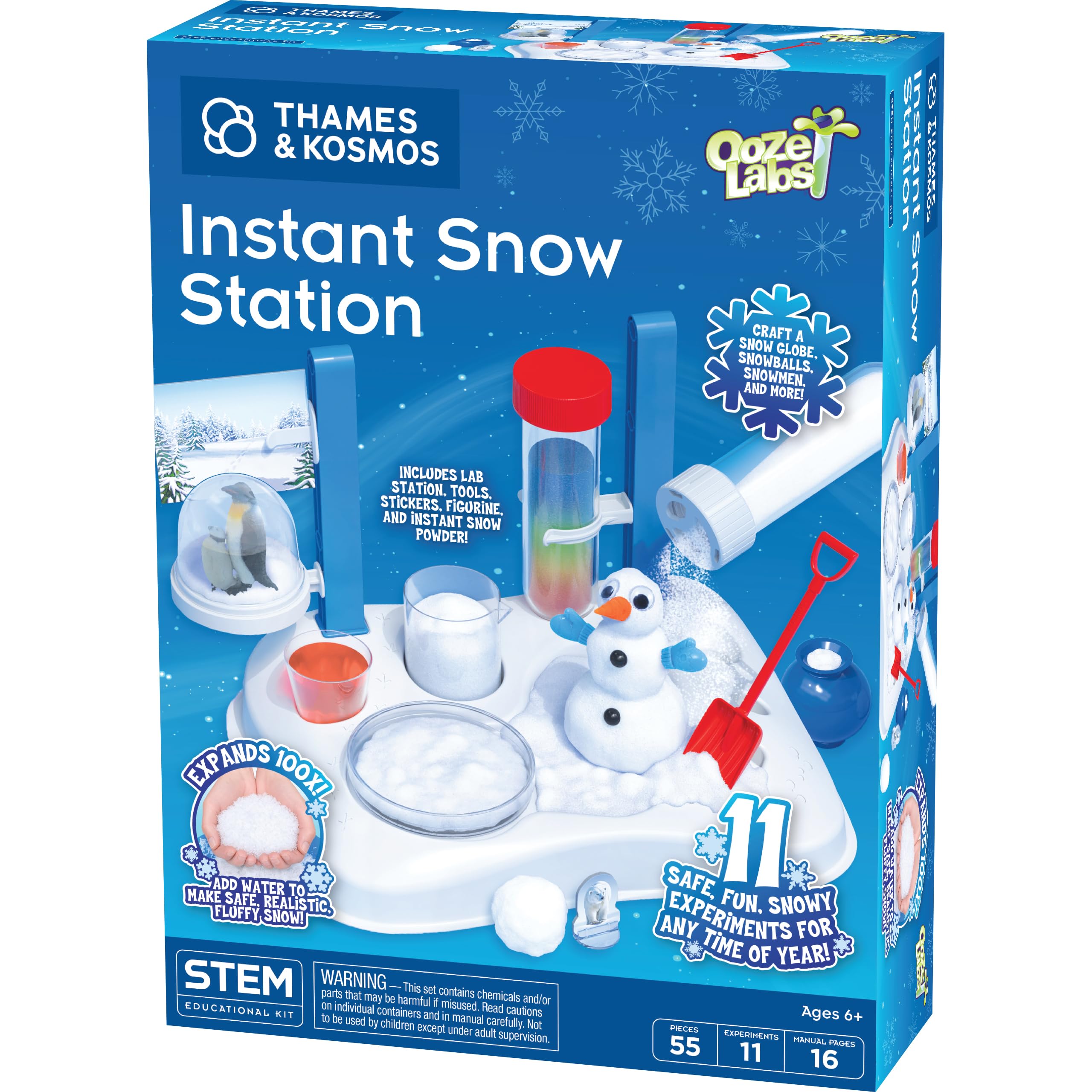 Ooze Labs Instant Snow Station STEM Experiment Kit & Lab Setup | Make Your Own Fake Snow! | 11 Safe, Fun, Snowy, Year-Round Activities | DIY Snow Globe Included | Explore Polymers