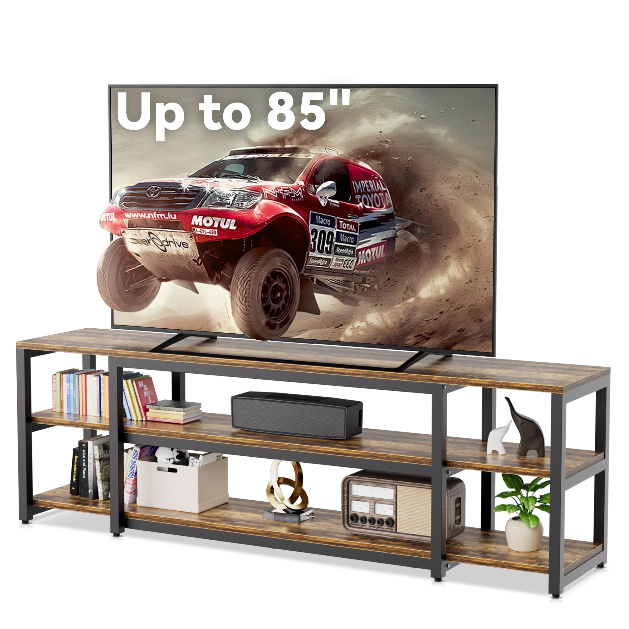 Aquzee 85 Inch TV Stand, 191 cm Long TV Unit, 40D x 191W x 58H cm, 3-Tier Large TV Cabinet with Open Storage Shelves, Dark Wooden Media Units for Living Room, Modern Wide TV Console Table