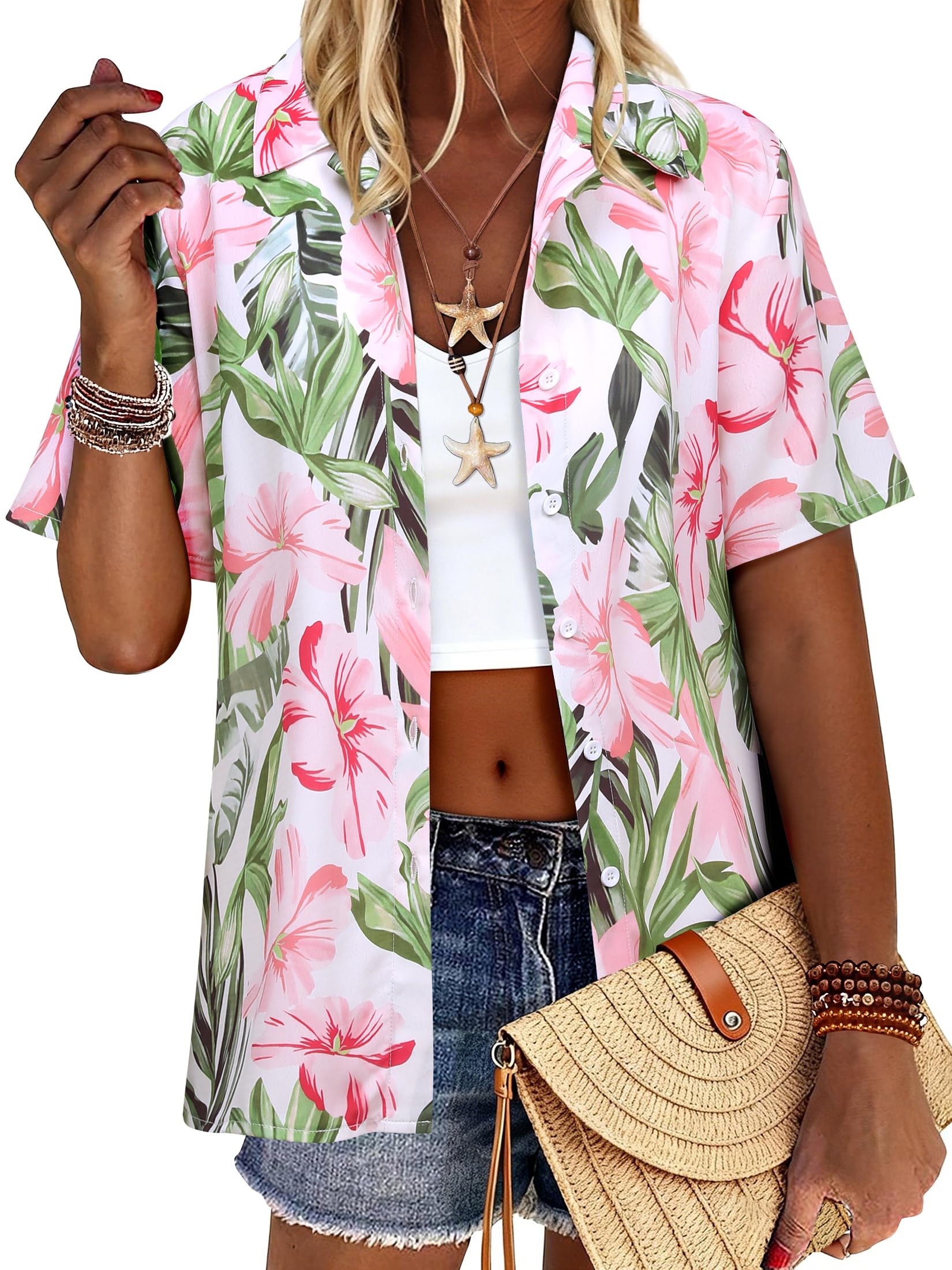 Women's Summer Hawaiian Shirts Soft Cool Floral Tropic Print Short Sleeve Button Up Tops T-Shirt