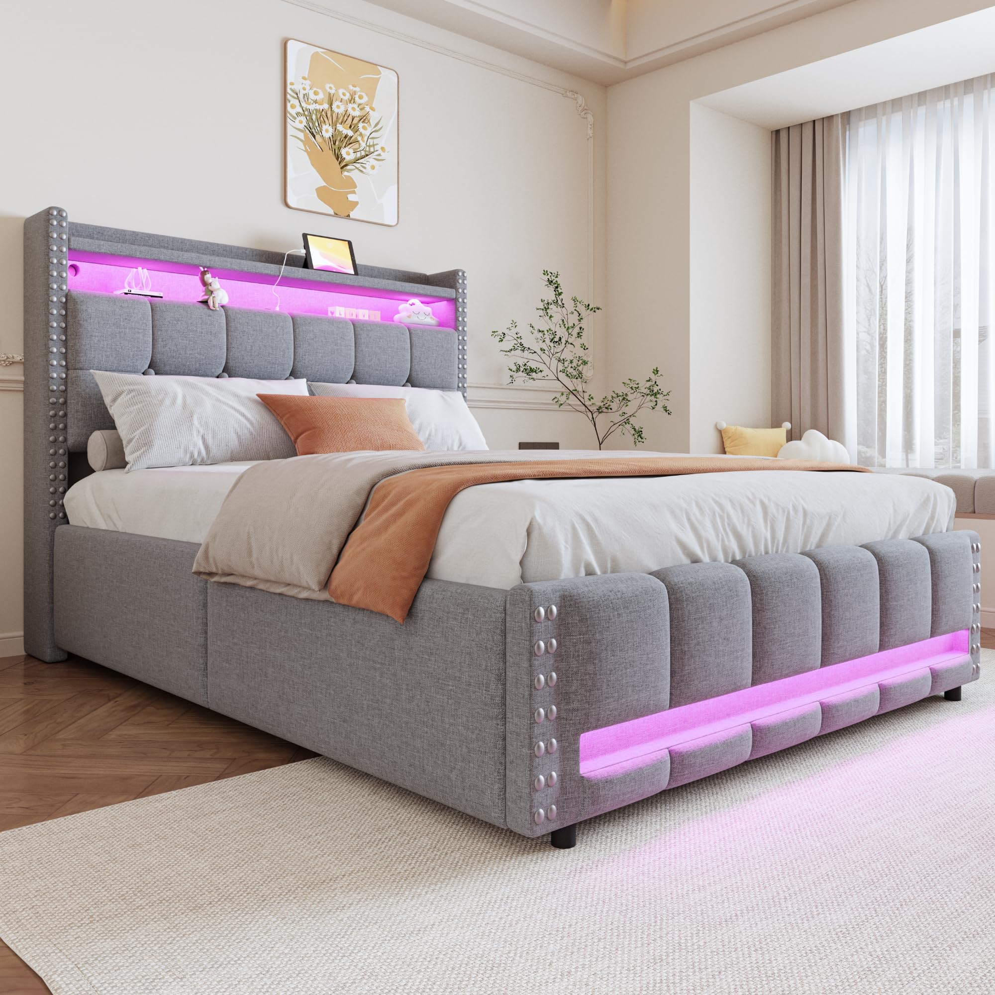 Cama Canapé 140x200 Gris con Cabecero Acolchado Cama Tapizada con Almacenamiento Integrado Double Bed con Elevación Hidráulica Tapizado de Lino con Somier de Lamas Apartamento
