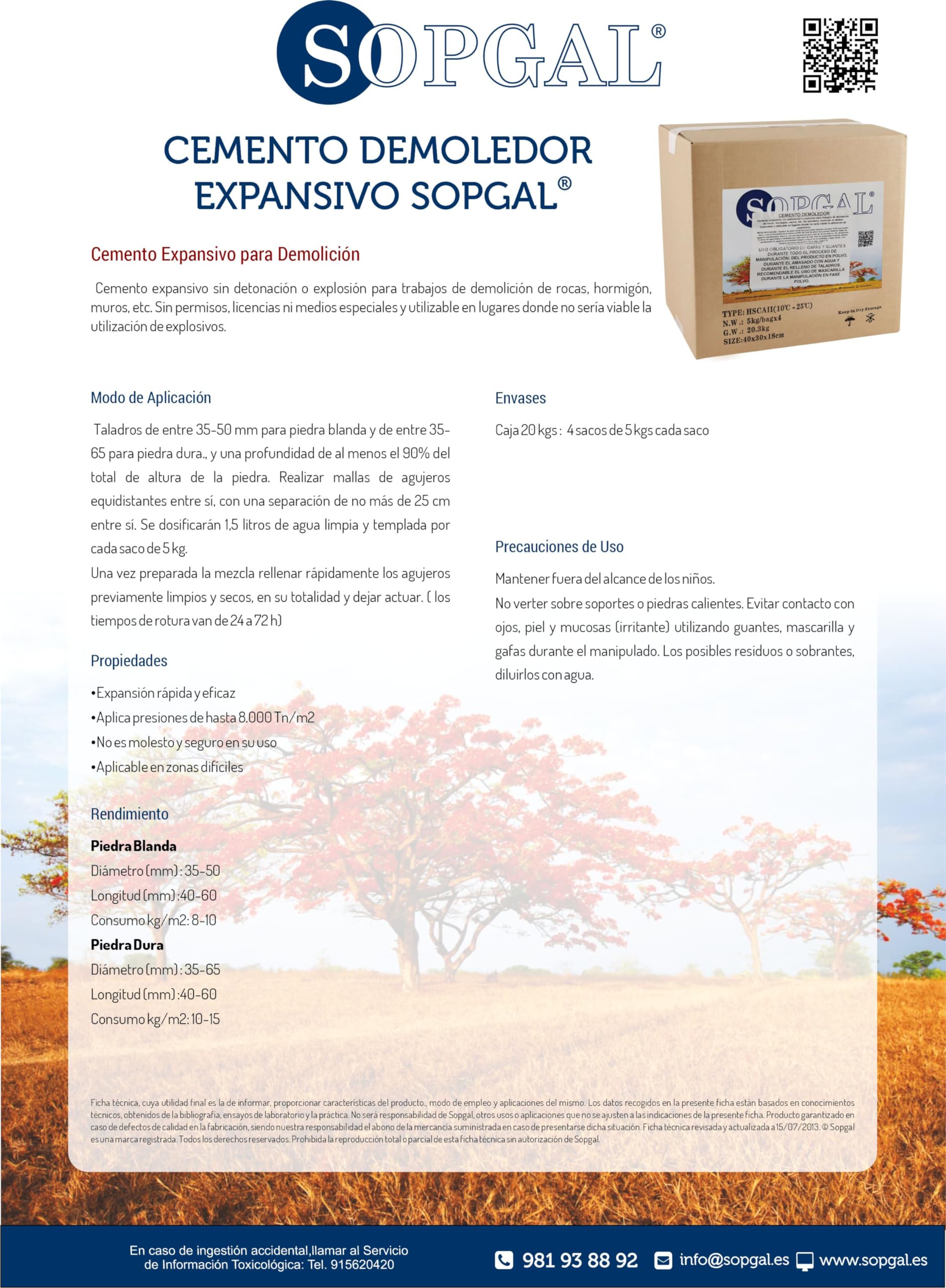 Cemento Demoledor Expansivo (20 kgs) - Demoliciones seguras y silenciosas, sin explosivos, de construcciones de piedra, muros, hormigón... - Sopgal