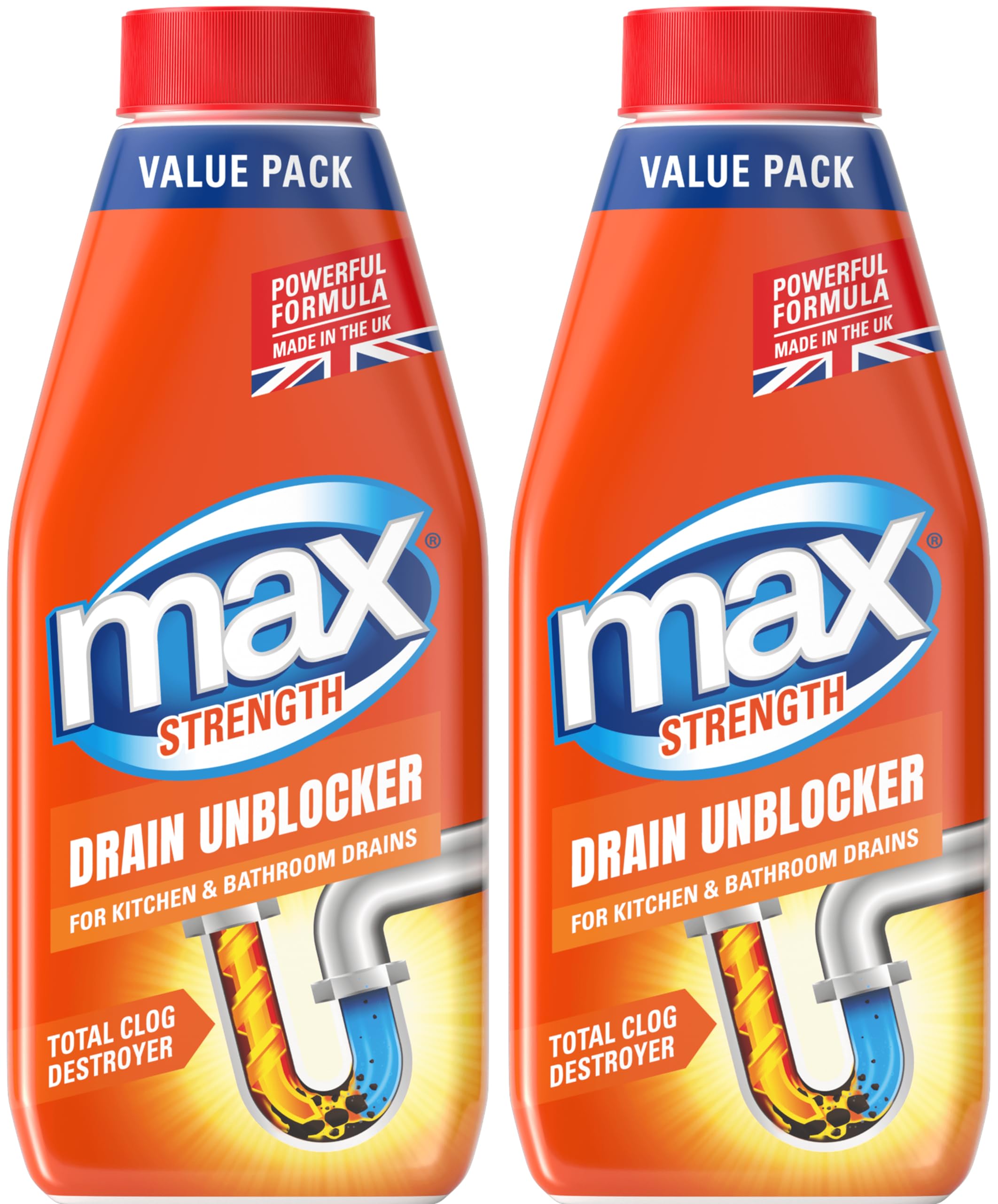 Max Strength Drain Unblocker, 2 x 1L - Heavy Duty Sink, Shower, Bath, Plughole Unclogger Cleaner for Kitchen and Bathroom Drains – Fast Acting & Easy to Use
