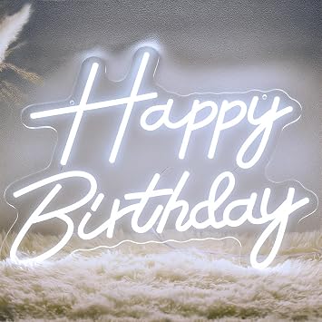 Happy Birthday Neon Sign for Backdrop, LED Happy Birthday Light Up Sign, USB Powered Dimmable Neon Light for Birthday Party Decorations Wall Decor, Cool White
