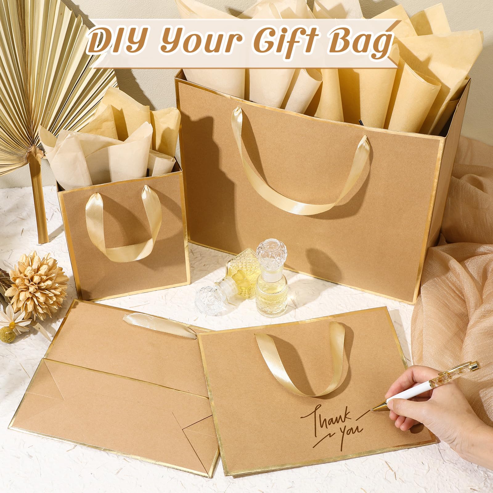 Yeaqee 12 Pcs Metallic Paper Gift Bag with Handle Tissue Paper Assorted Size Include 8" 10" 13" Thank You 5 Senses Gift Bag for Him Her Birthday Wedding Groomsmen Bridesmaid(Kraft,Gold)