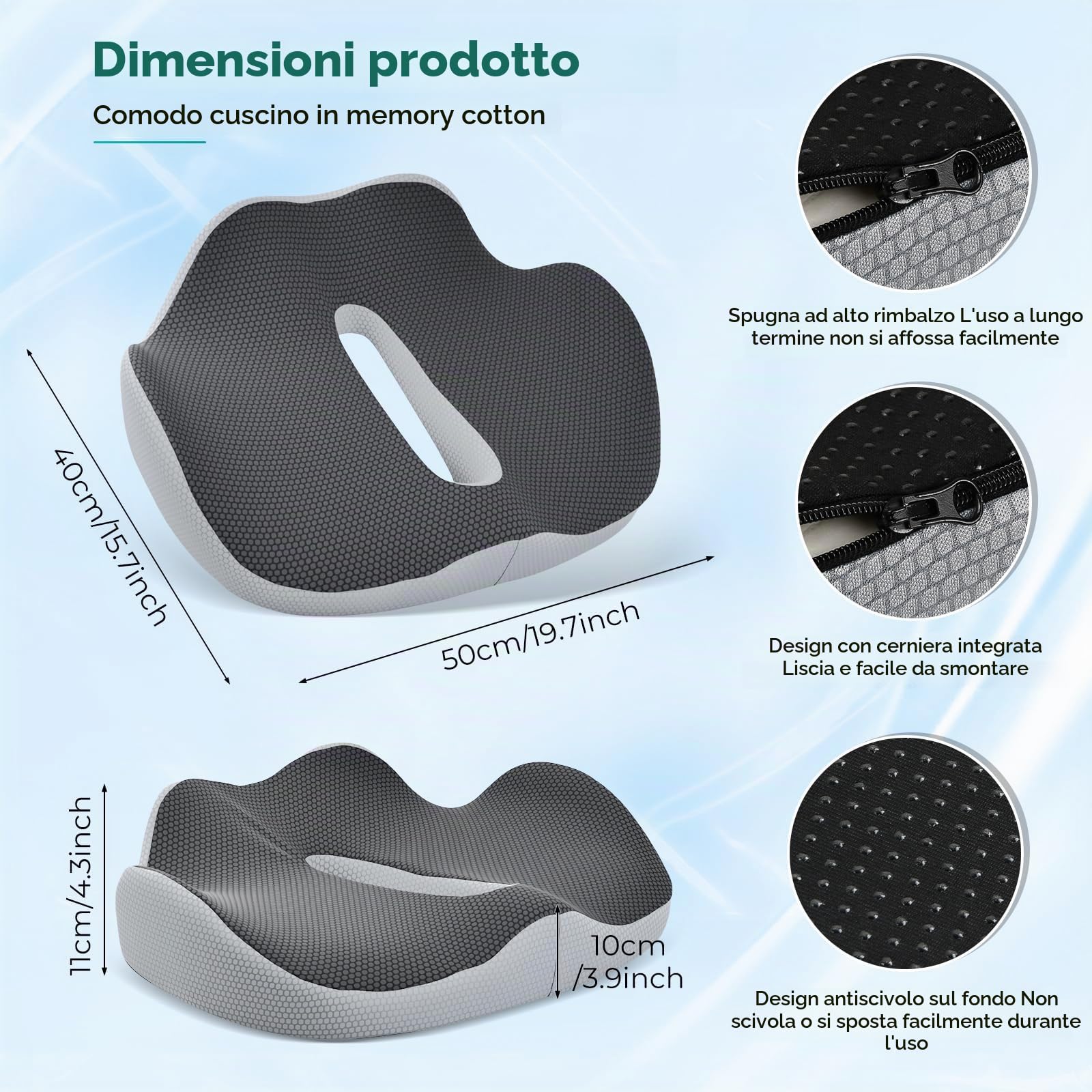 Cuscino Sedia Ufficio Auto XXL, 50x40x10cm, Sedia Ergonomica con Maniglia a Fori, Cuscino Memory Foam Ortopedico, Antidecubito, Traspirante, Cuscino Ciambella per Coccige Rotelle Gioco Rilievo