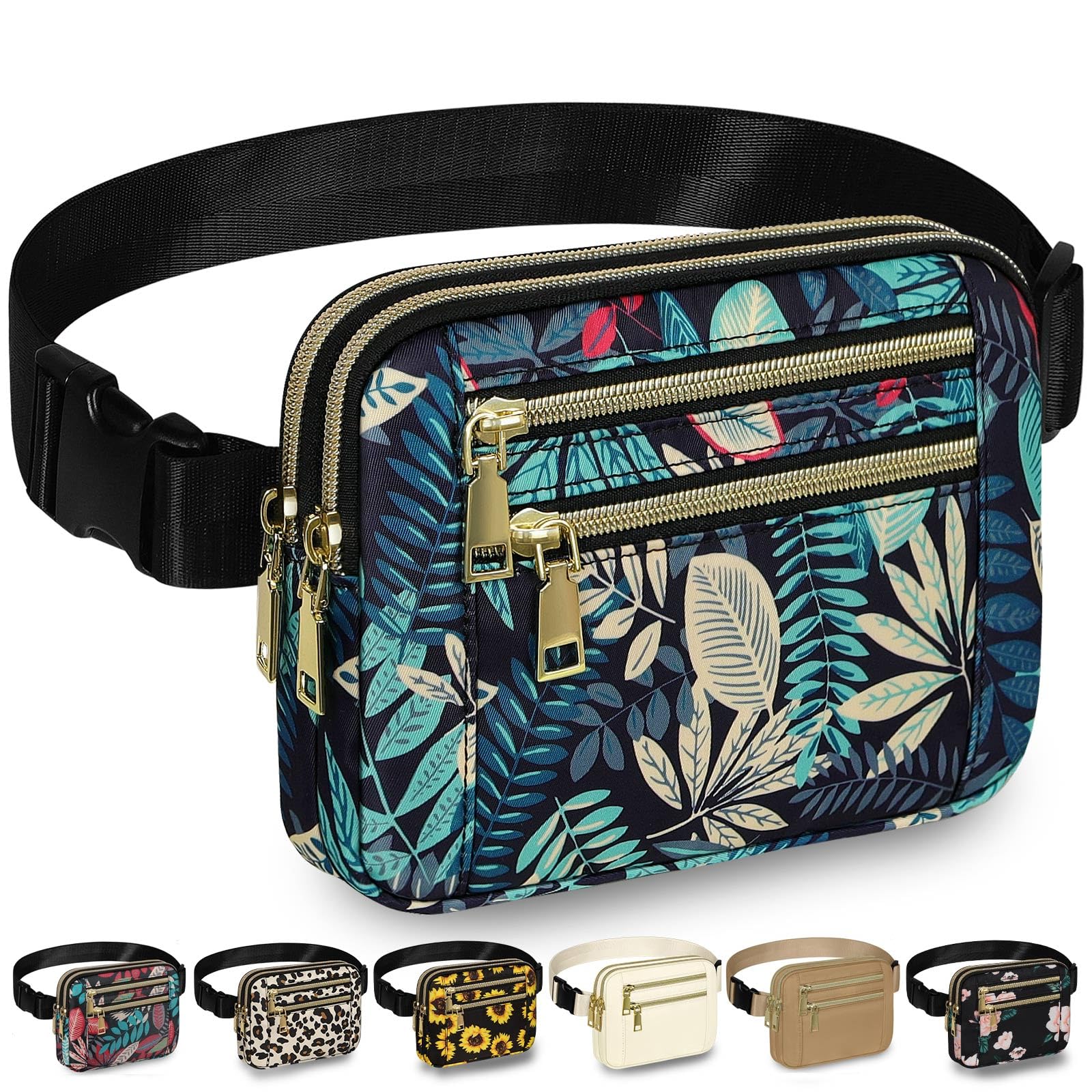 Capolo Fanny Packs for Women Fashion Waist Packs Bag with Adjustable Strap and 4 Zipper Pockets Waterproof Everywhere Crossbody Belt Bag for Workout Running Travelling(Blue Leaves)