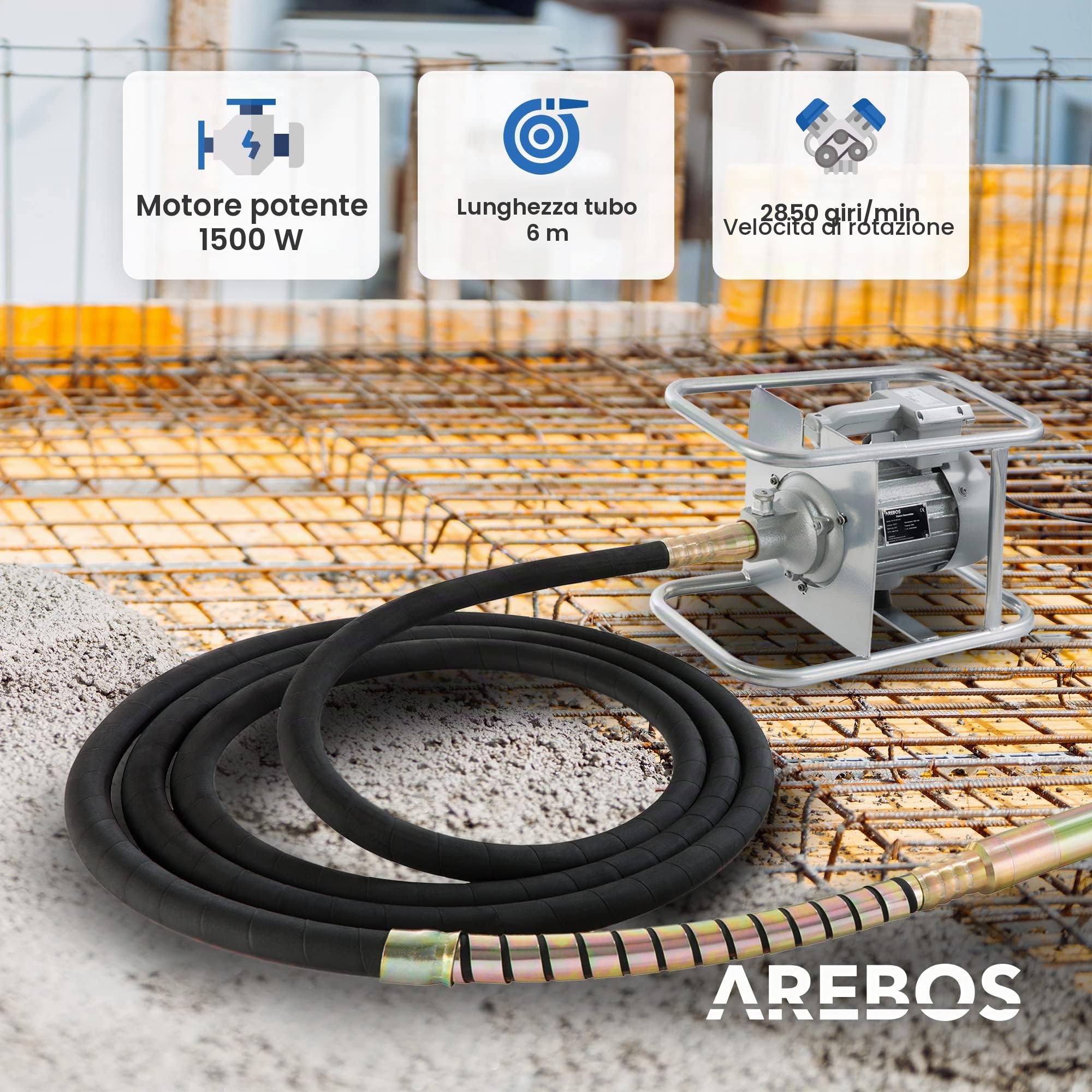 Arebos Vibratore per cemento | Vibratore per calcestruzzo 1500W | Vibratore ad immersione | Vibratore portatile per calcestruzzo | Ago vibrante per calcestruzzo | Vibratore interno per calcestruzzo