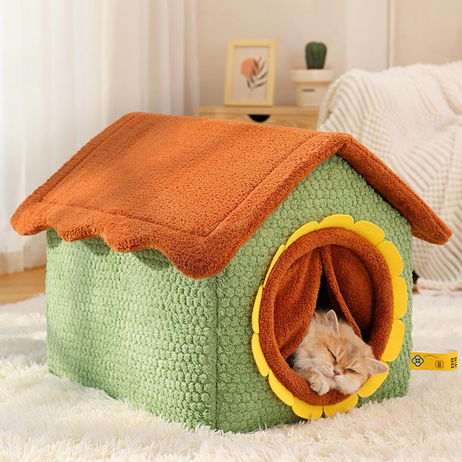 Casa Para Gatos Casa Cálida Cerrada Plegable | Cama Cueva Extraíble De Gatos Con Puerta De Girasol Para Cachorros, , Mascotas Pequeñas, Jugar En Interiores, Hogar,