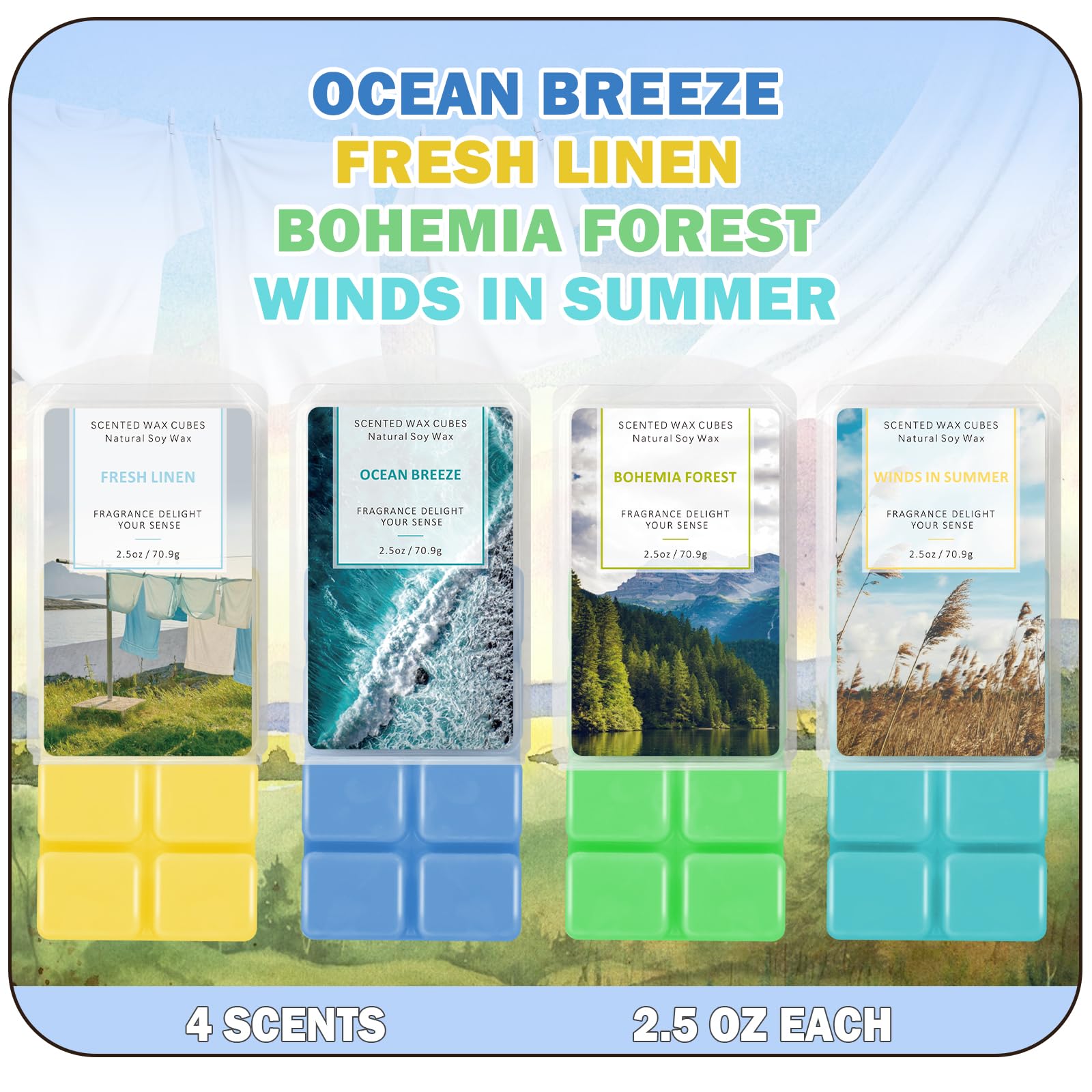 SCENTORINI Wax Melts Wax Cubes, Soy Wax Cubes for Wax Warmer, Ocean Breeze, Fresh Linen, Bohemia Forest, Winds in Summer, 4 x 2.5 oz