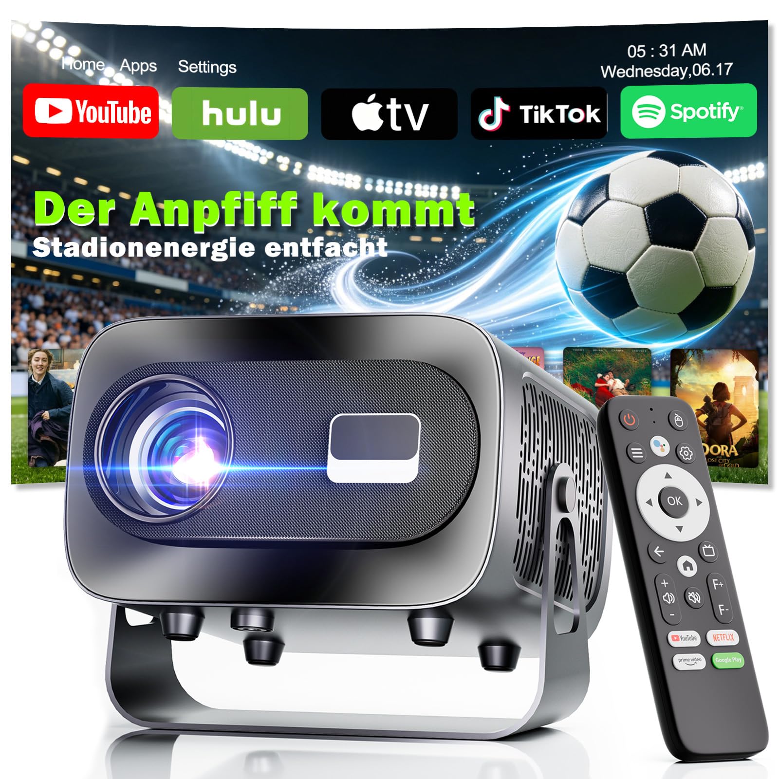 Mini Beamer 4K Smart Beamer【Offizielle App】mit Full HD 1080P, 1000 Lumen, Autofokus und Trapezkorrektur, 360°-Drehung, WiFi und Bluetooth,für Handy HDMI, TV-Stick,Tragbarer/Heimkinoprojektor