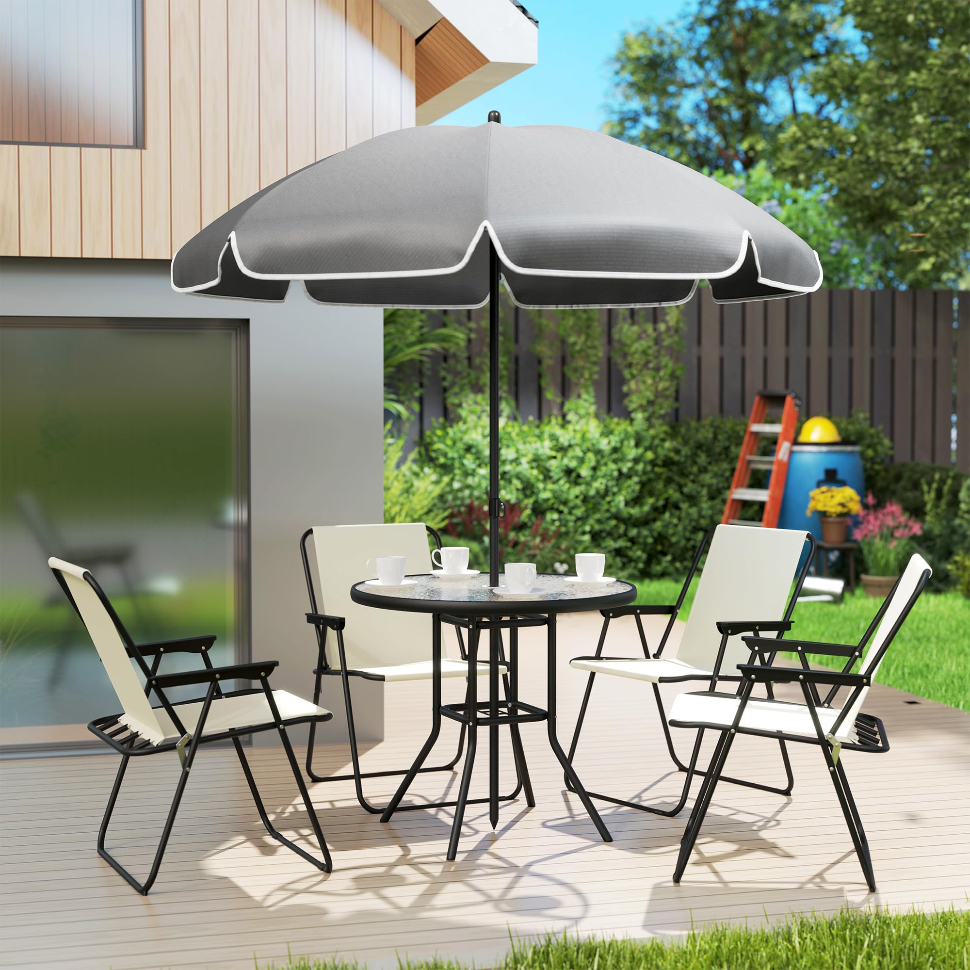 Outsunny Set Tavolo e Sedie da Giardino 6 Pezzi Acciaio Ombrellone, Mobili 4 Sedie Pieghevoli Textilene Tavolo Rotondo Vetro, Esterno Patio Terrazzo Crema