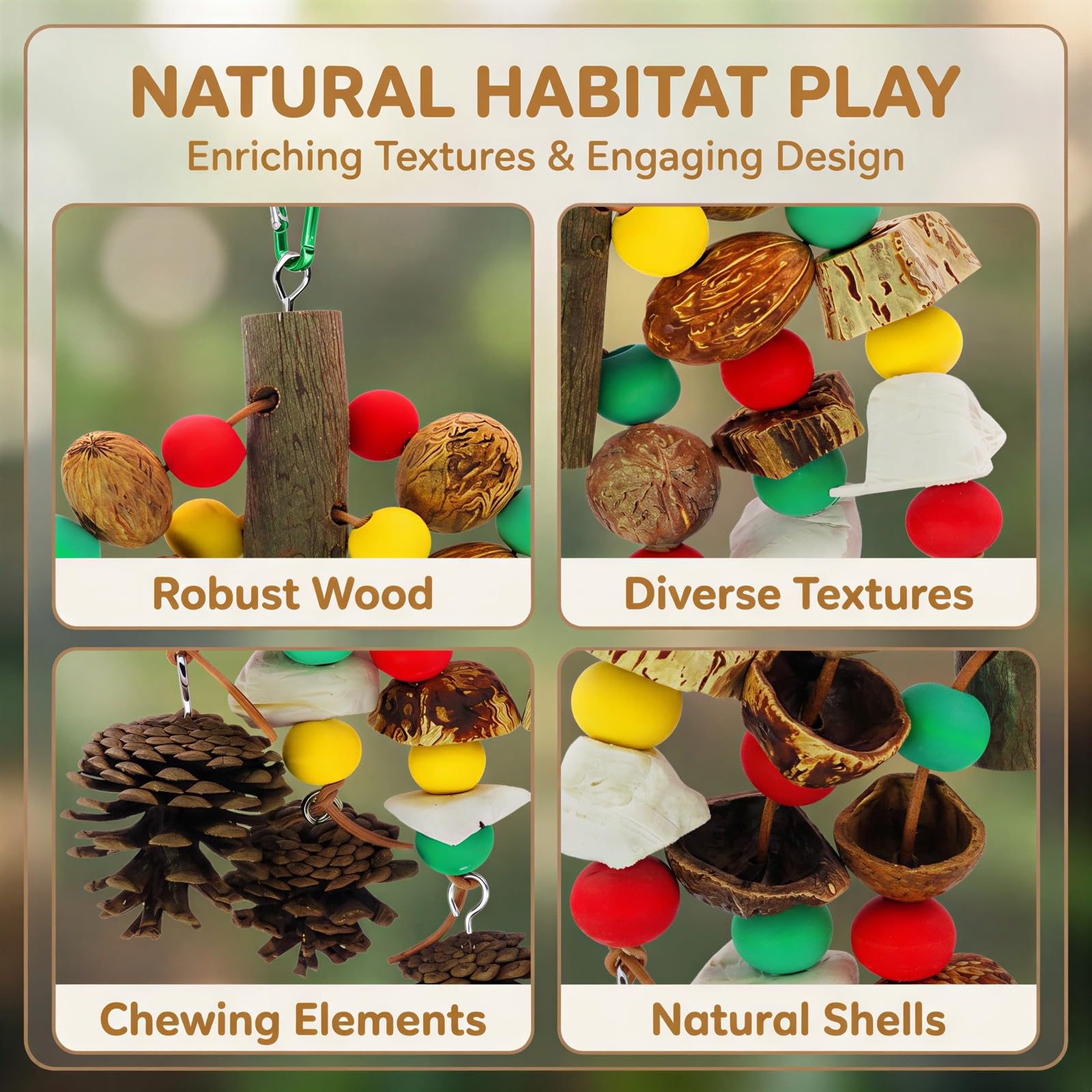 Jouets pour perroquets, jouet à mordiller en bois naturel pour cage, 11,81 x 8,66 po, avec os de seiche et pommes de pin, accessoire à suspendre pour oiseaux, pour cacatoès et perroquets gris