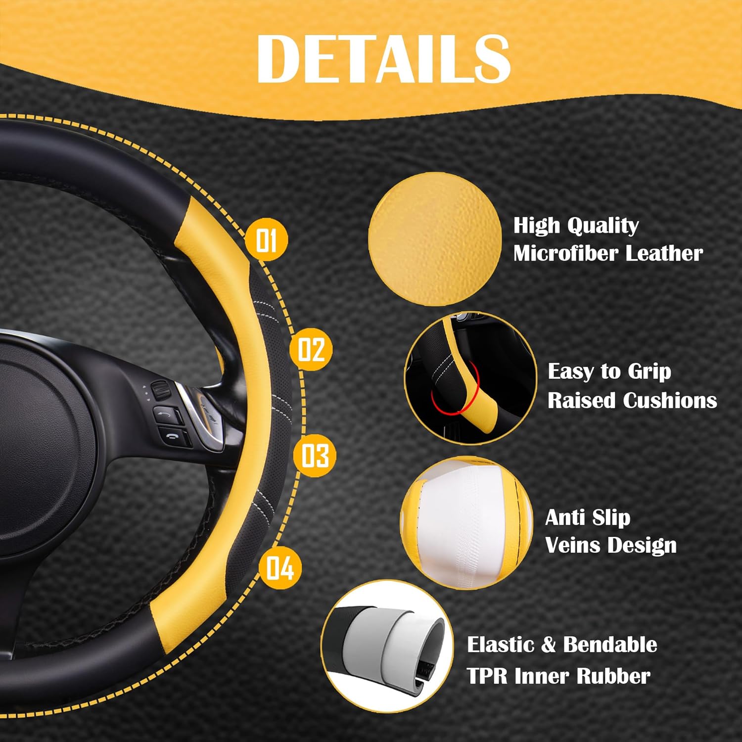 CAR PASS Line Rider Microfiber Leather Sporty Steering Wheel Cover Universal Fits for 95% Truck,SUV,Cars,14.5-15inch Anti-Slip Safety Comfortable Desgin (Black-Yellow) - Image 5