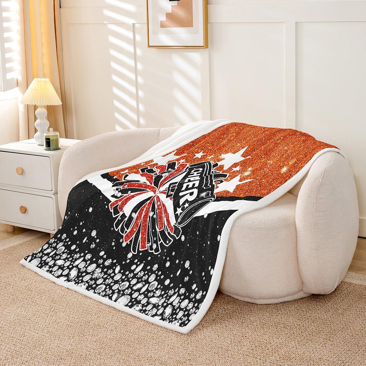 Cheerleading Queen Fleece Blanket Cute Cheerleader Fuzzy Blanket For Girls Black And Orange Throw Blanket Glam Dancer Princess Sherpa Blanket, Cheerleading Cheerleader Dance Blanket For Sofa Couch