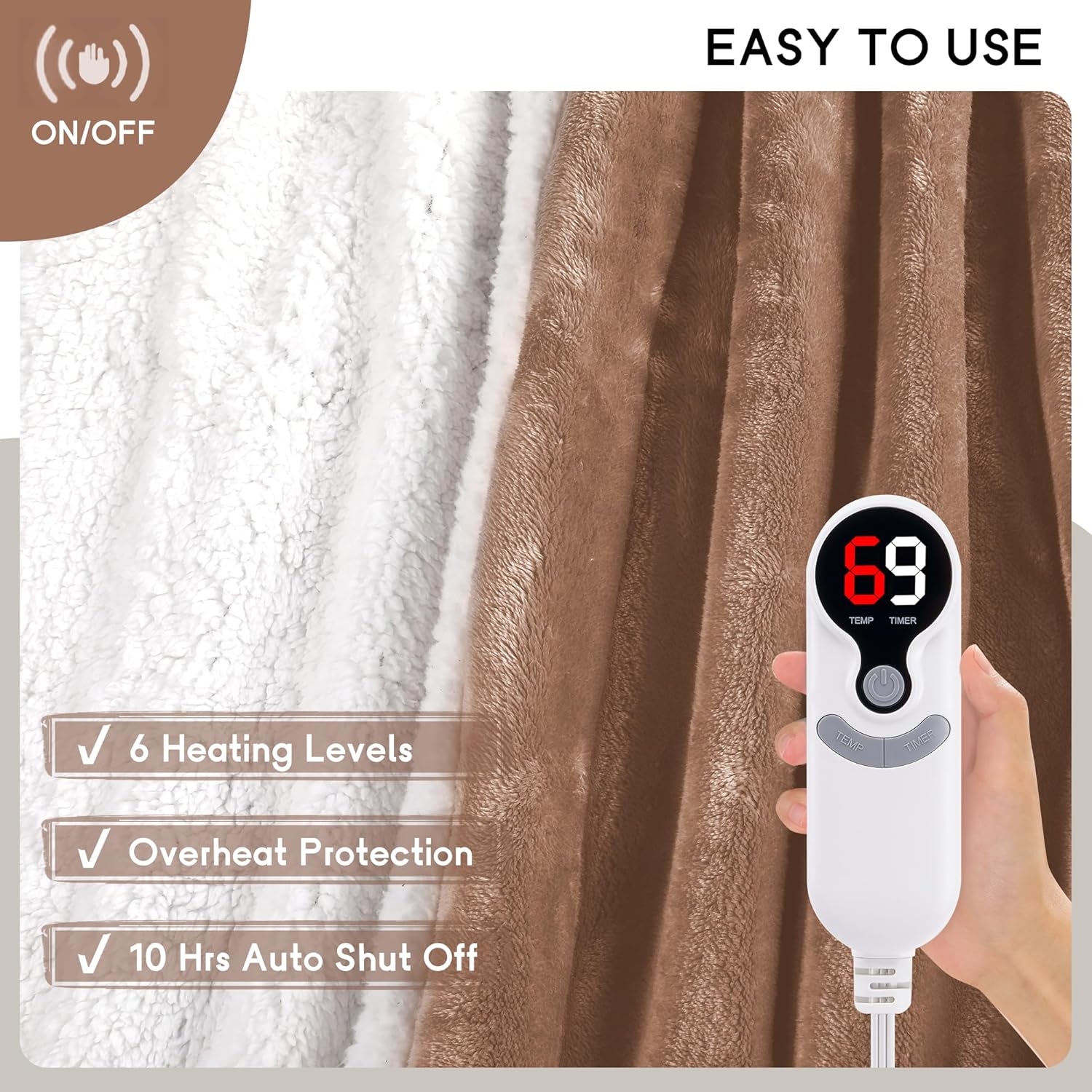 Heated Blanket Electric Blanket Full Size 72''x84'' with 9 Heating Levels, 1-10 Hour Auto Shut Off, Machine Washable, Flannel & Sherpa Soft Warming Blanket for Couch, Bed, Office - Brown - Image 8