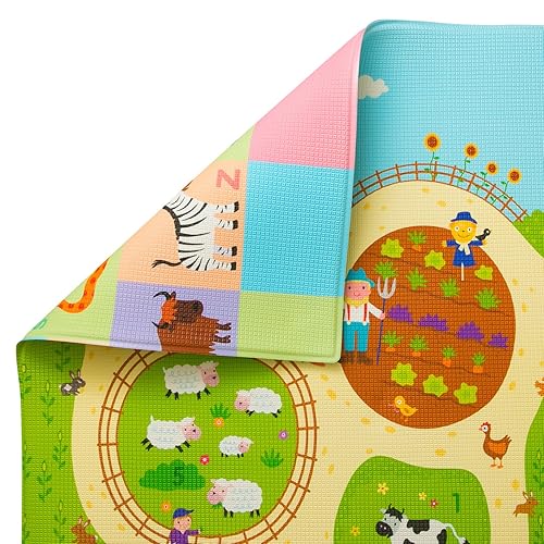 Vista 22 de Baby Care - Alfombra de juego (grande, diseño juguetón, Pinko & Friend) de 82 x 55 pulgadas, original de una pieza, reversible, enrollable, Juguetón