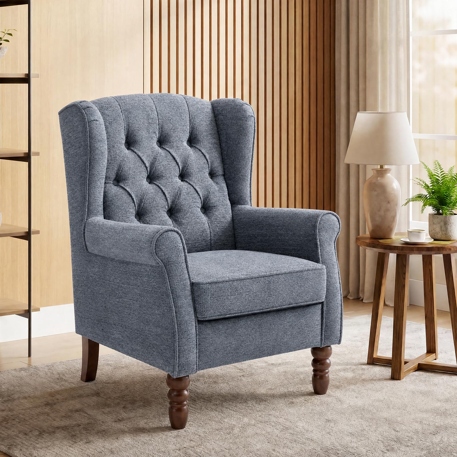 Wingback Armchair for Living Room, Upholstered High Back Accent Chair with Tufted Backrest, Rolled Arms and Solid Wood Legs, Comfortable Reading Chair for Lounge, Bedroom and Reception Area