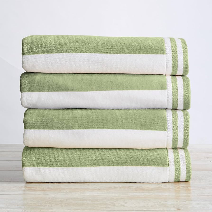 Great Bay Home 100% Cotton Velour 4 Pack Oversized Beach Towels - Green/White Cabana Stripe Pool Towels - Quick Dry, Large Swim Towels (4 Pack 35" x 70", Eucalyptus Green/White)