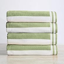 Great Bay Home 100% Cotton Velour 4 Pack Beach Towels 30" x 60" - Cabana Stripe Pool Towels - Quick Dry, Large Swim Towel (Eucalyptus Green/White)