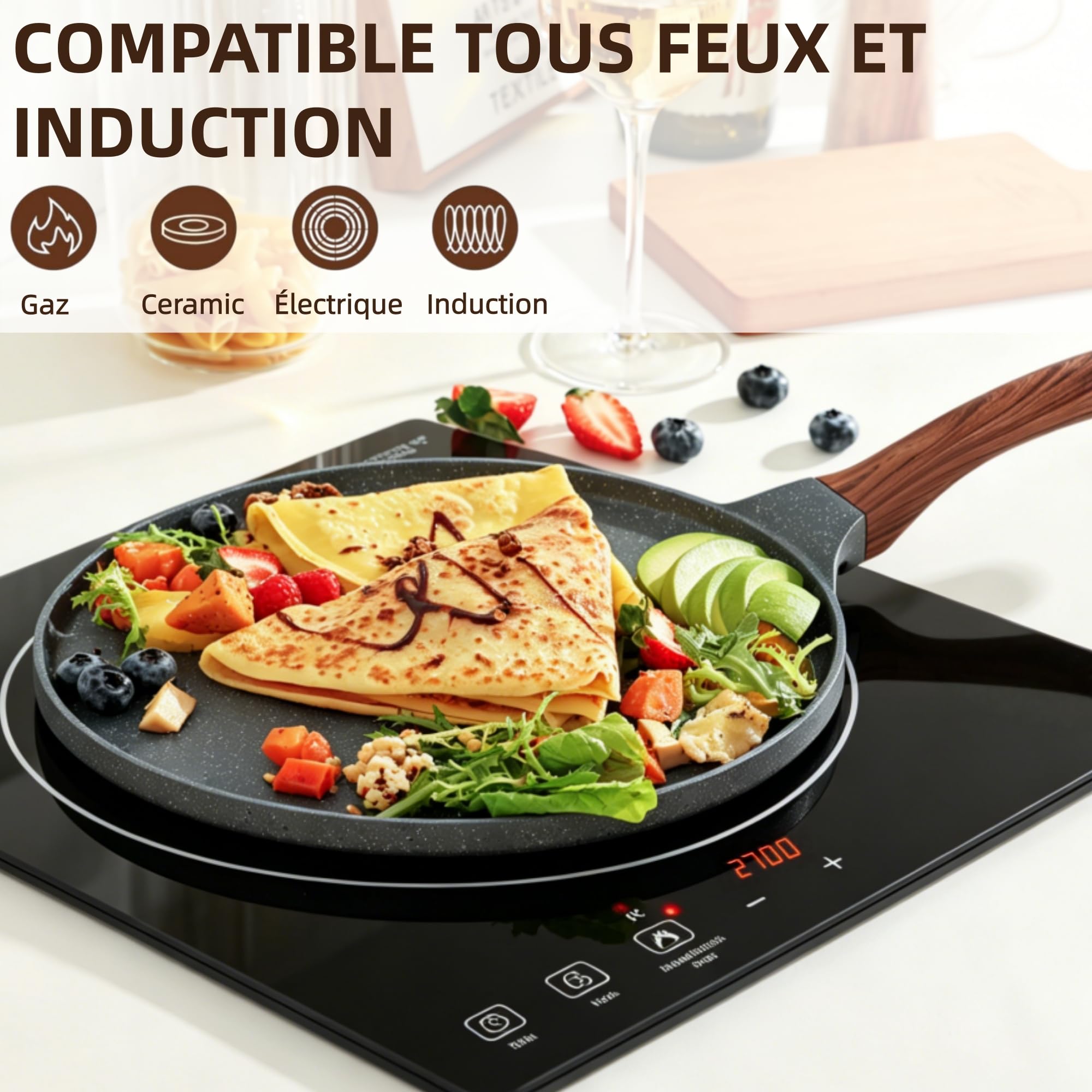 SENSARTE Poêle à Crêpes 26 cm avec Revêtement Antiadhésif en Granit Suisse - Compatible Induction - Crêpière avec Répartisseur de Pâte - Poignée Confortable et Ergonomique