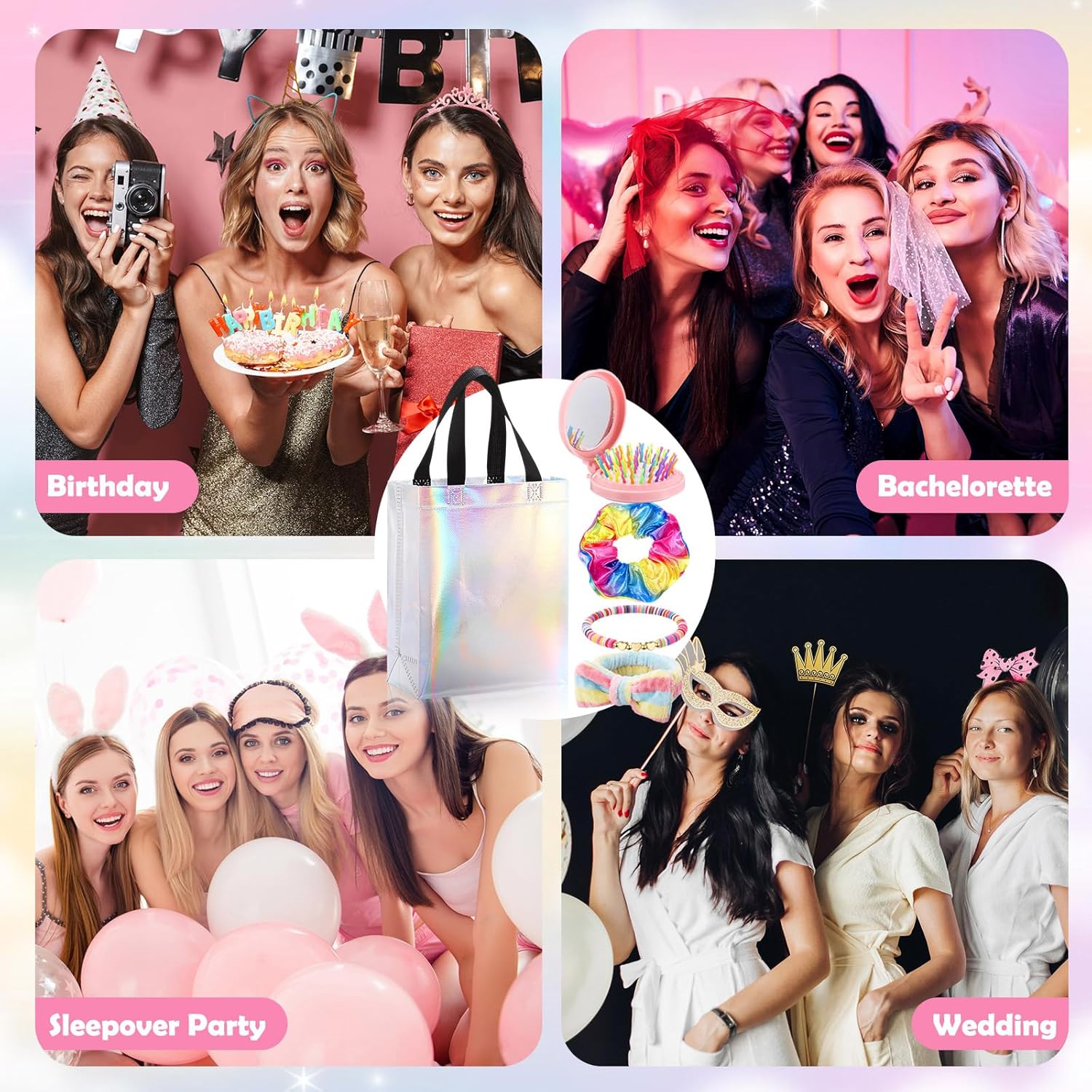 60 Pcs Woman Party Favors 2026 Weekend Gift Bags Friendship Bracelets Spa Headband Hair Scrunchie Comb with Makeup Mirror for Sleepover Slumber Trip Preppy Party Favors(Multicolor)