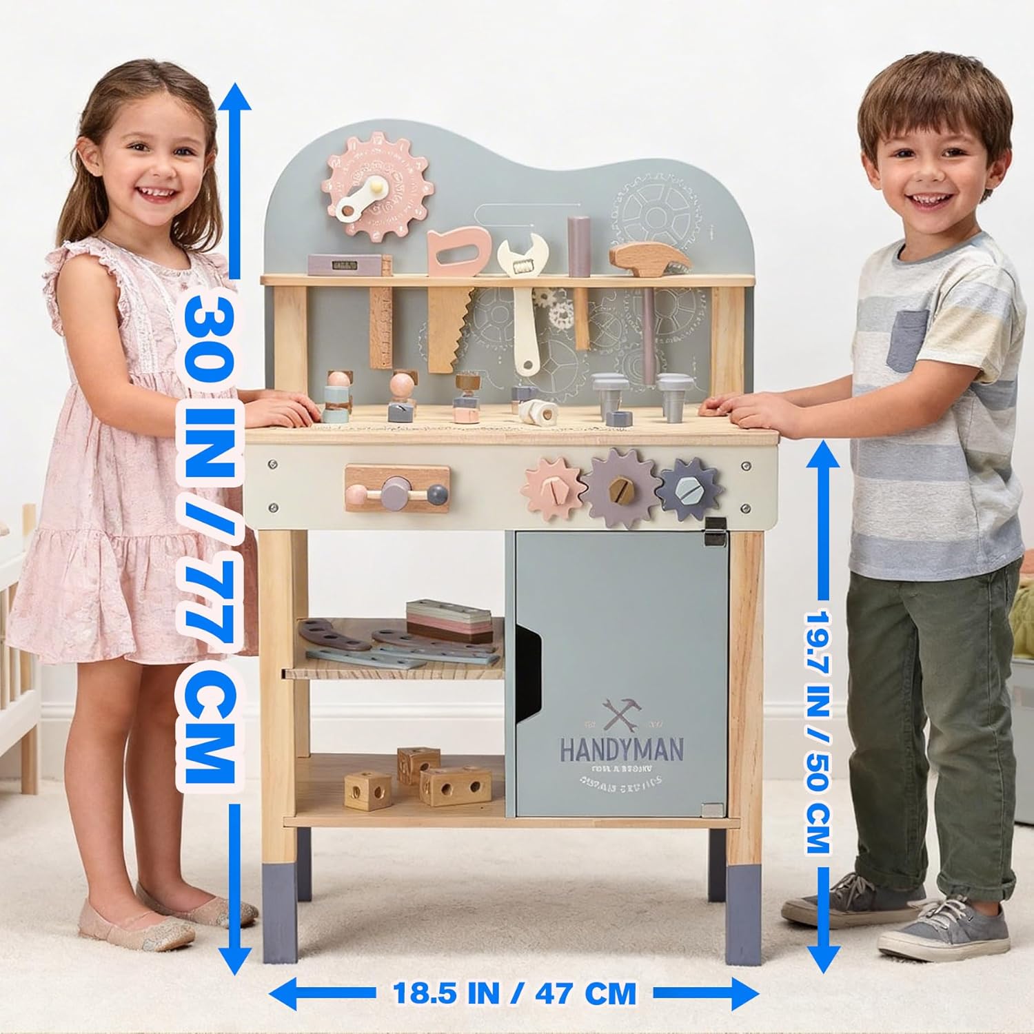 Kids Tool Bench, Large Storage Wooden Tool Workbench for Kids Toddler, Large Size Tool Bench for 2-3 Kids, with Wooden Play Tool Set, Age 3+